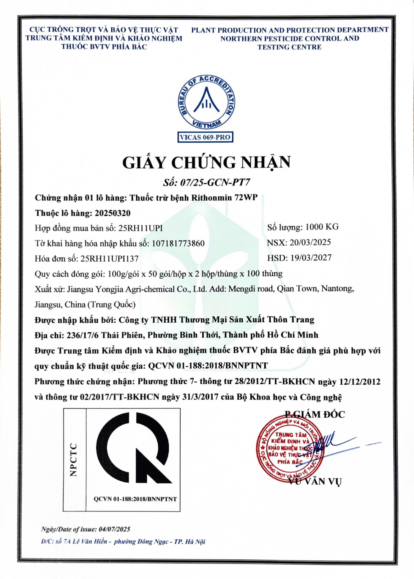 SẢN PHẨM THUỐC TRỪ BỆNH RITHONMIN 72WP CỦA CÔNG TY TNHH THƯƠNG MẠI SẢN XUẤT THÔN TRANG