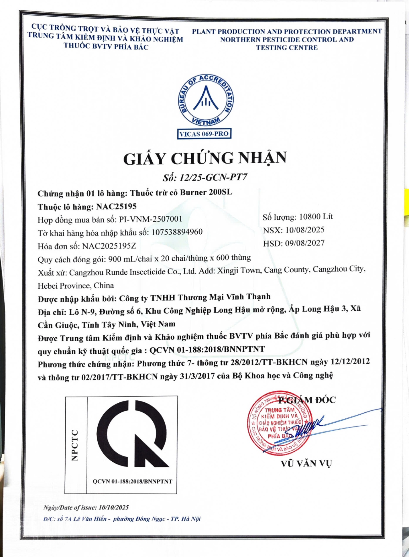 SẢN PHẨM THUỐC TRỪ CỎ BURNER 200SL CỦA CÔNG TY TNHH THƯƠNG MẠI VĨNH THẠNH