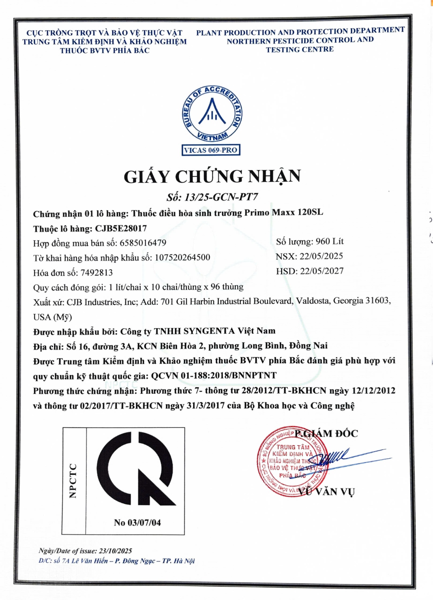 SẢN PHẨM THUỐC ĐIỀU HÒA SINH TRƯỞNG PRIMO MAXX 120SL CỦA CÔNG TY TNHH SYNGENTA VIỆT NAM