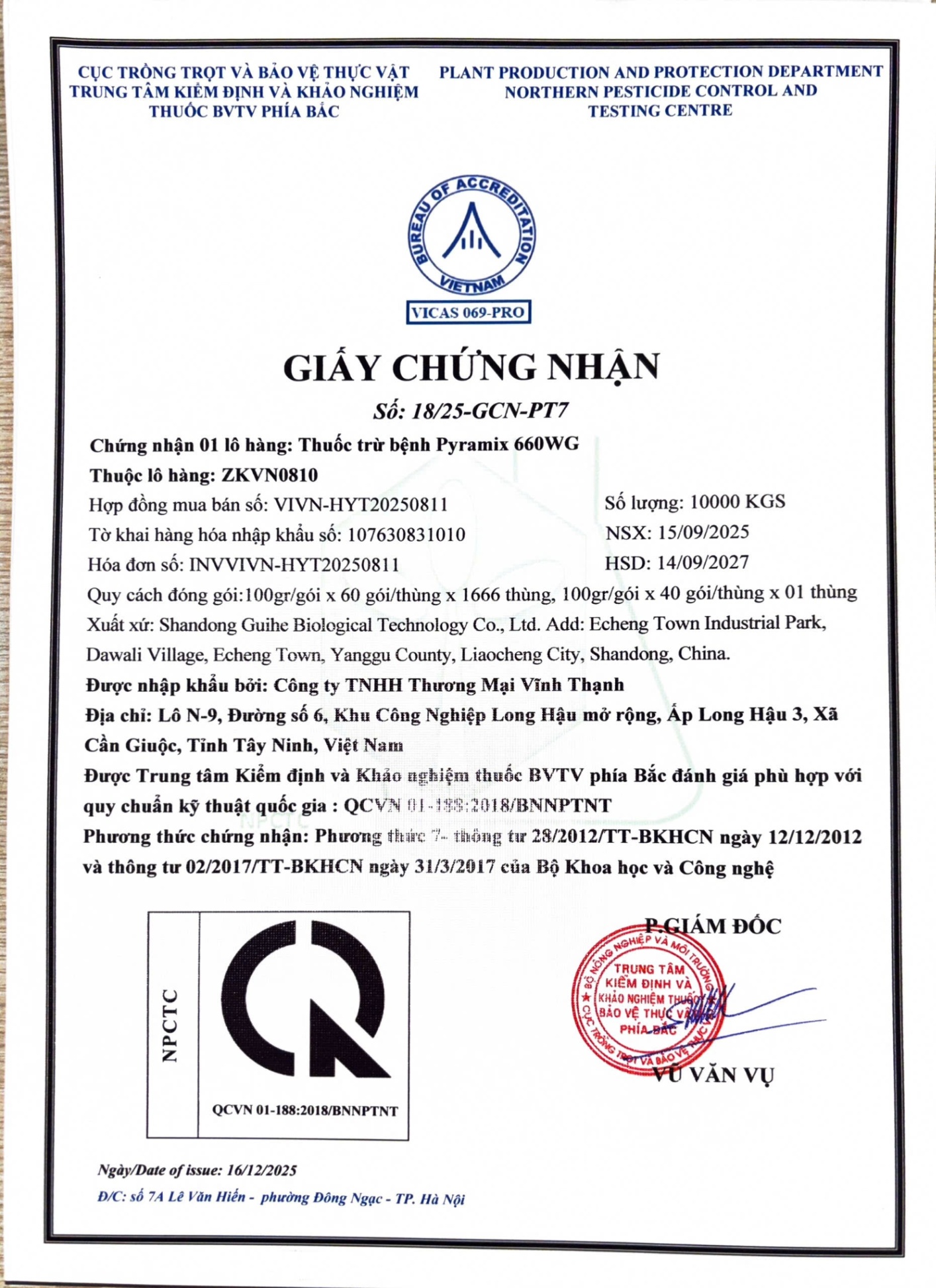 SẢN PHẨM THUỐC TRỪ BỆNH PYRAMIX 660WG CỦA CÔNG TY TNHH THƯƠNG MẠI VĨNH THẠNH