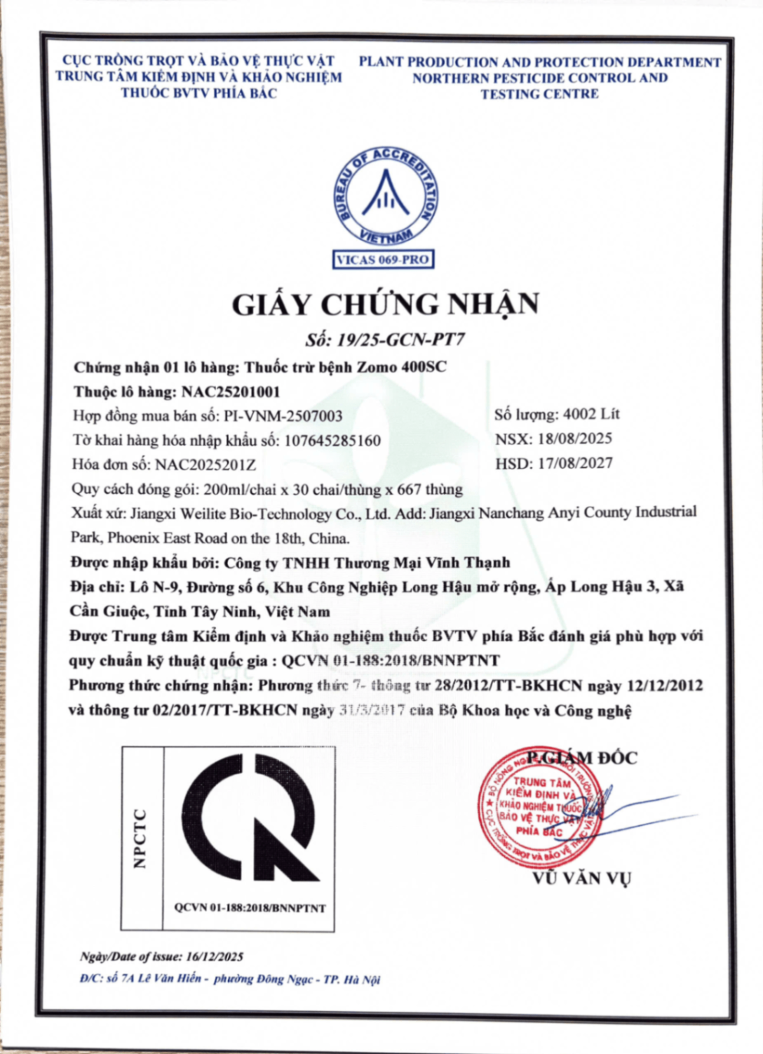 SẢN PHẨM THUỐC TRỪ BỆNH ZOMO 400SC CỦA CÔNG TY TNHH THƯƠNG MẠI VĨNH THẠNH