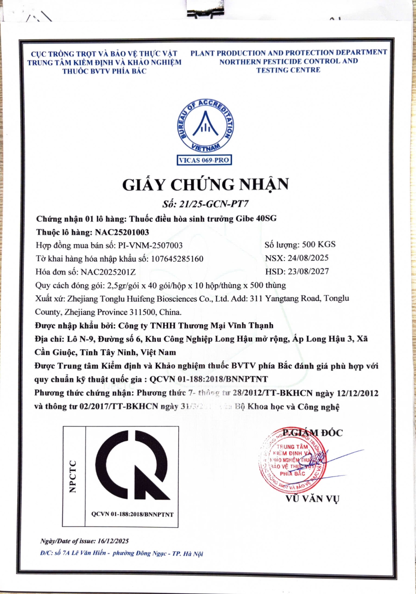 SẢN PHẨM THUỐC ĐIỀU HÒA SINH TRƯỞNG GIBE 40SG CỦA CÔNG TY TNHH THƯƠNG MẠI VĨNH THẠNH