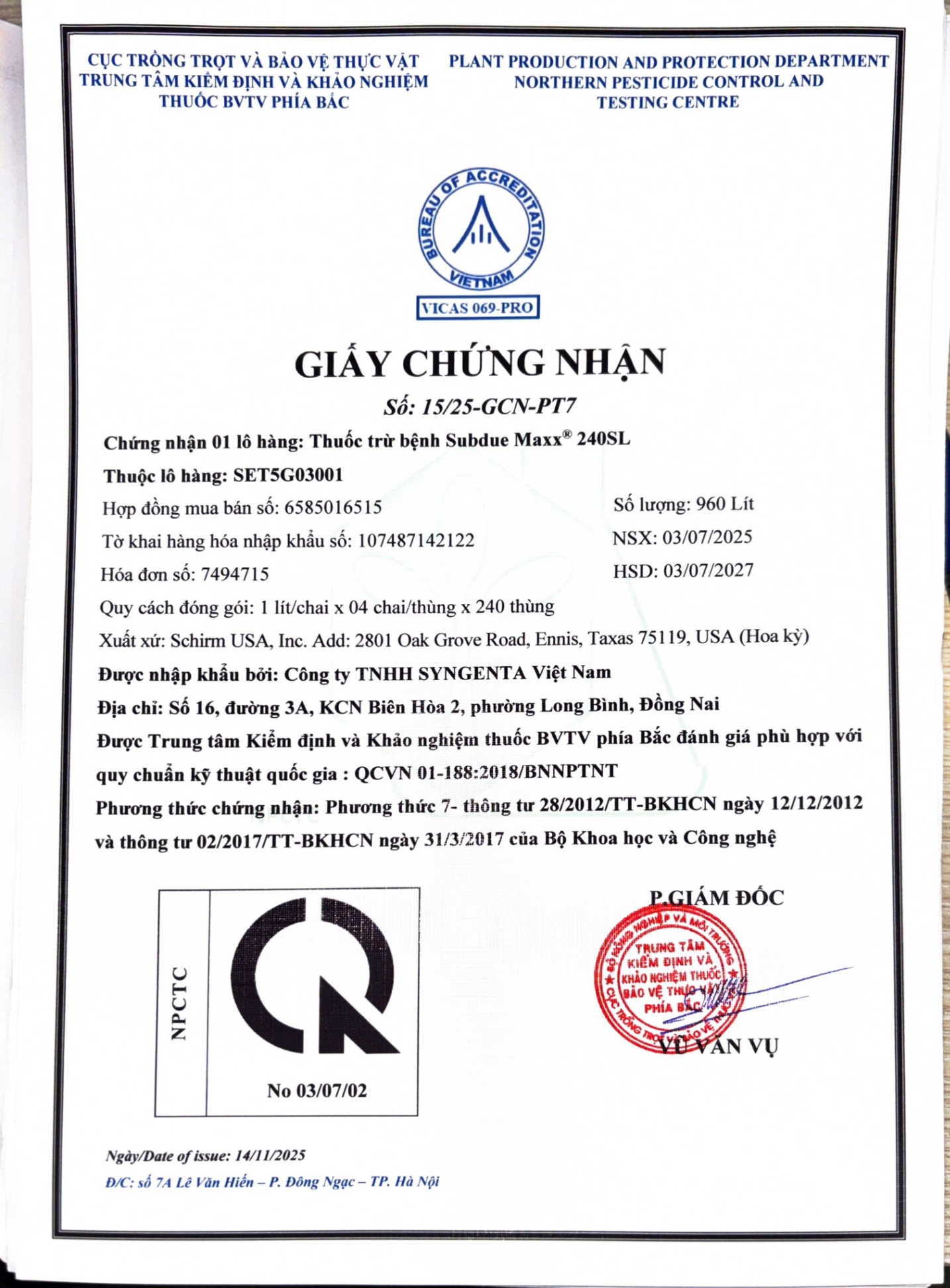 SẢN PHẨM THUỐC TRỪ BỆNH SUBDUE MAXX 240SL CỦA CÔNG TY TNHH SYNGENTA VIỆT NAM