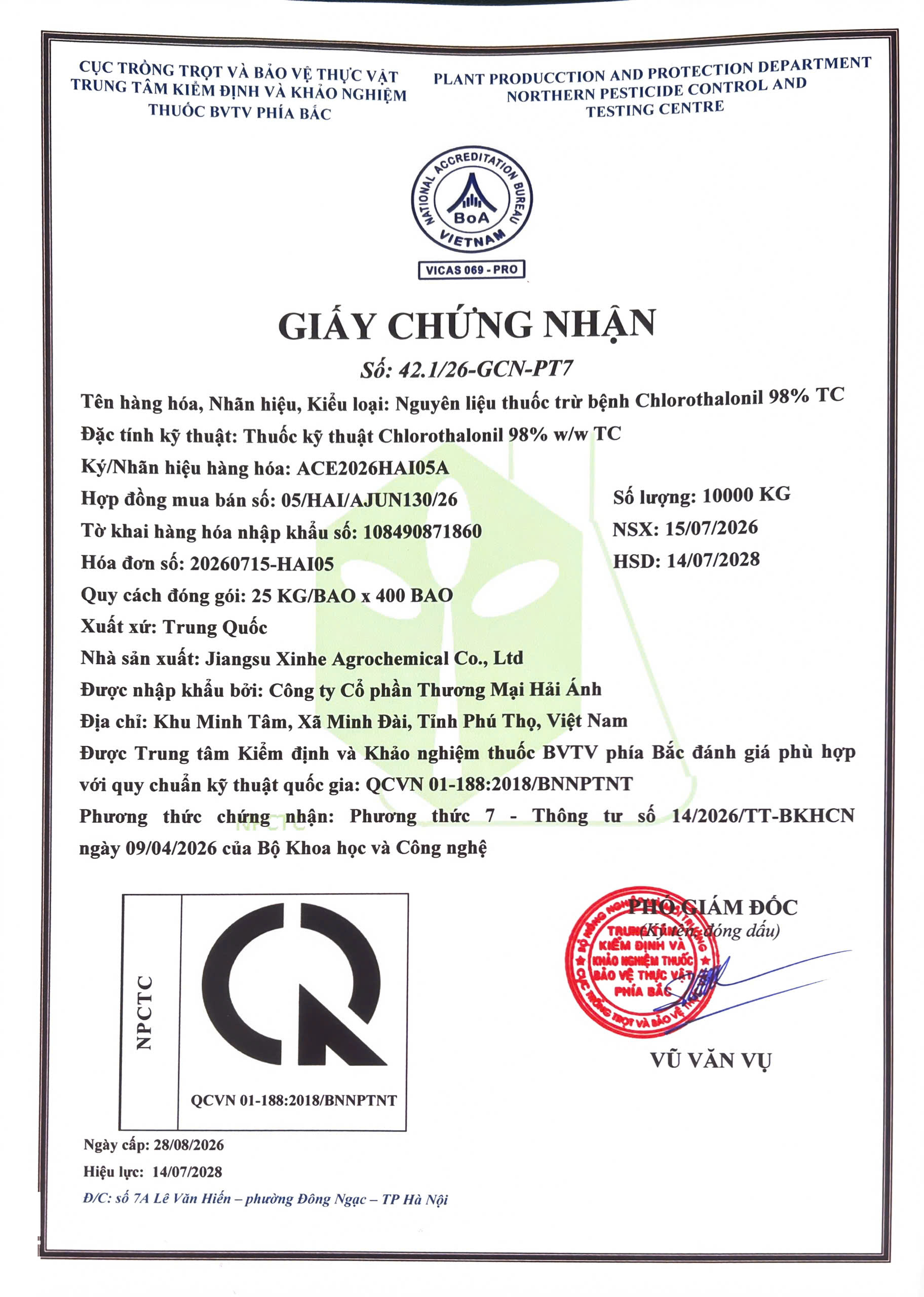 NGUYÊN LIỆU THUỐC BẢO VỆ THỰC VẬT CỦA CÔNG TY CỔ PHẦN THƯƠNG MẠI HẢI ÁNH
