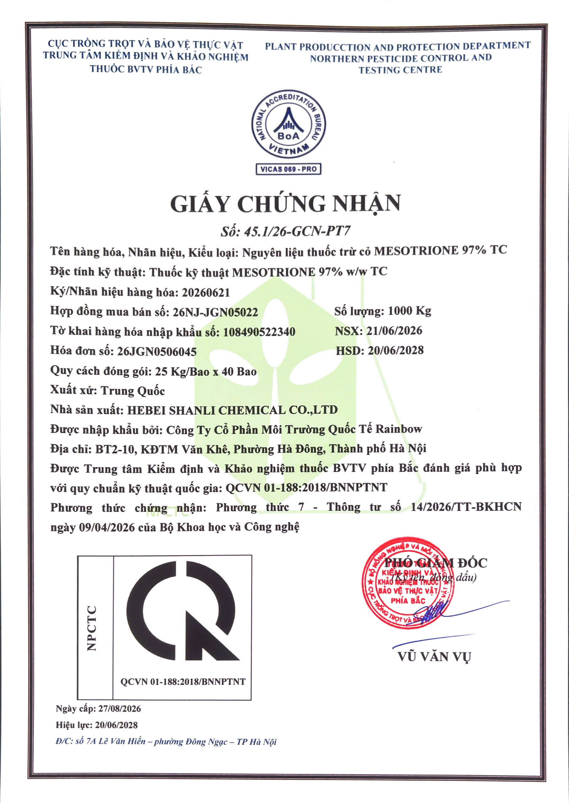 NGUYÊN LIỆU THUỐC BVTV CỦA CÔNG TY CỔ PHẦN MÔI TRƯỜNG QUỐC TẾ RAINBOW