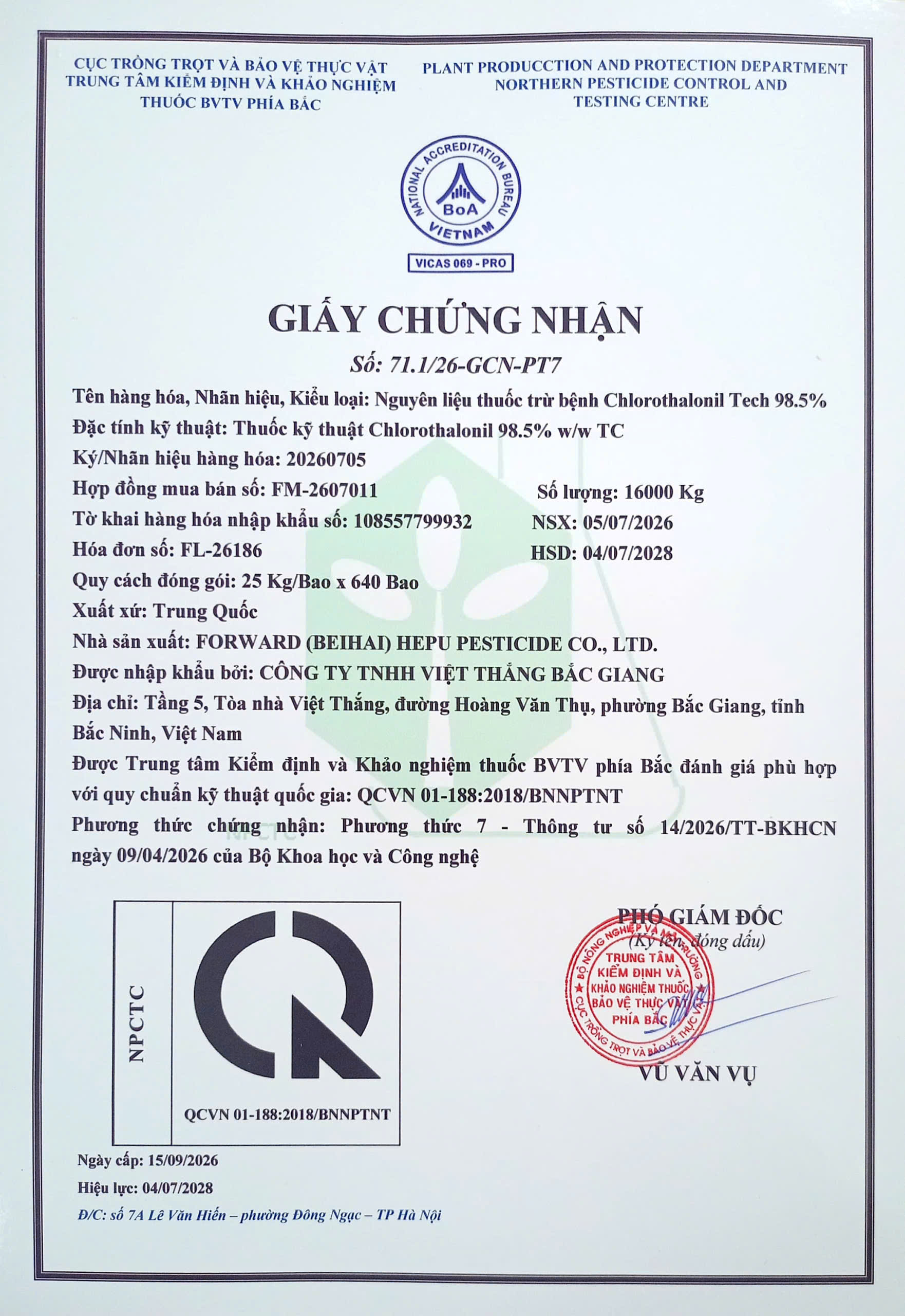 NGUYÊN LIỆU THUỐC TRỪ BỆNH CHLOROTHALONIL TECH 98.5% CỦA CÔNG TY TNHH VIỆT THẮNG BẮC GIANG