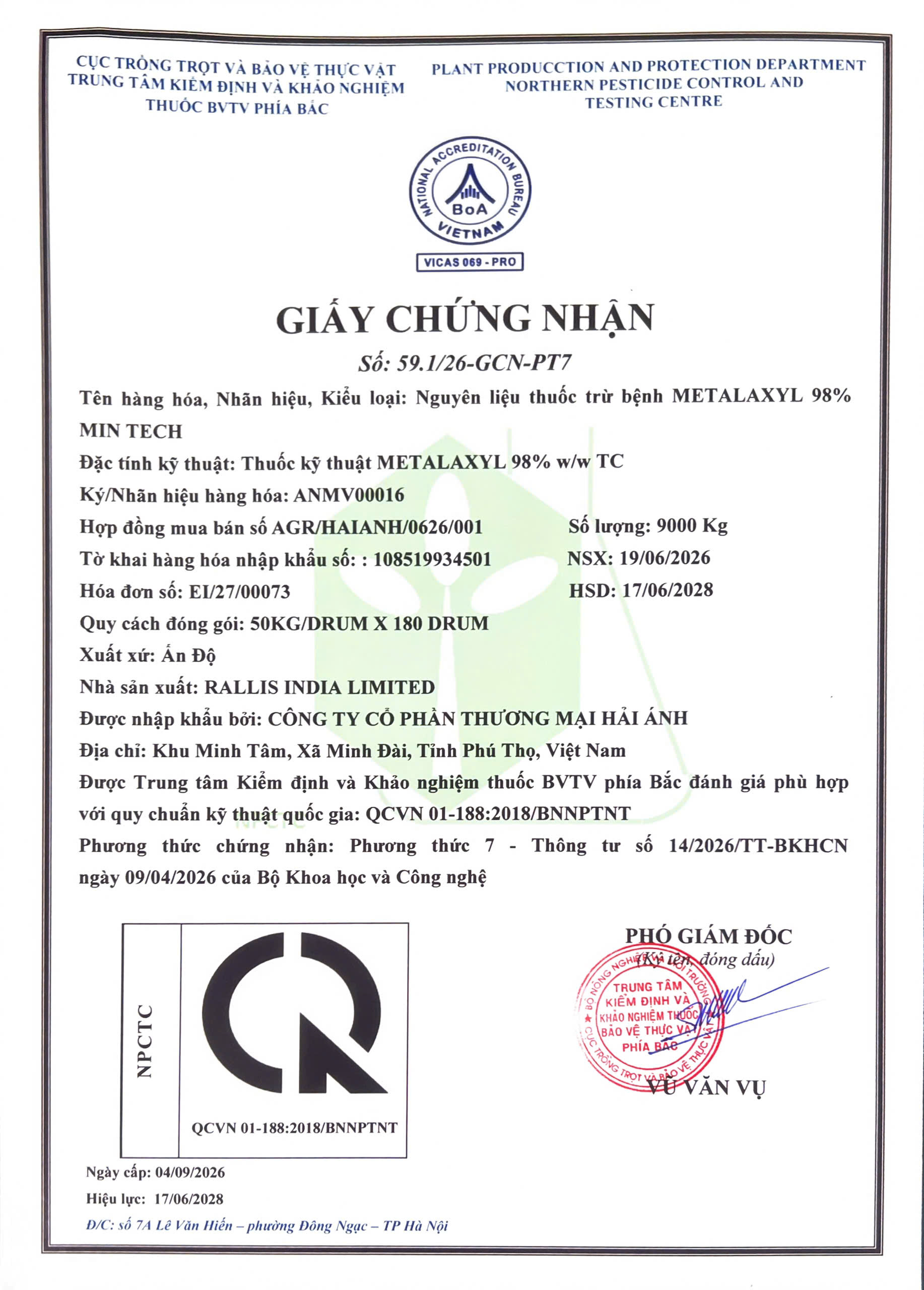 NGUYÊN LIỆU THUỐC TRỪ BỆNH  METALAXYL 98% MIN TECH CỦA CÔNG TY CỔ PHẦN THƯƠNG MẠI HẢI ÁNH