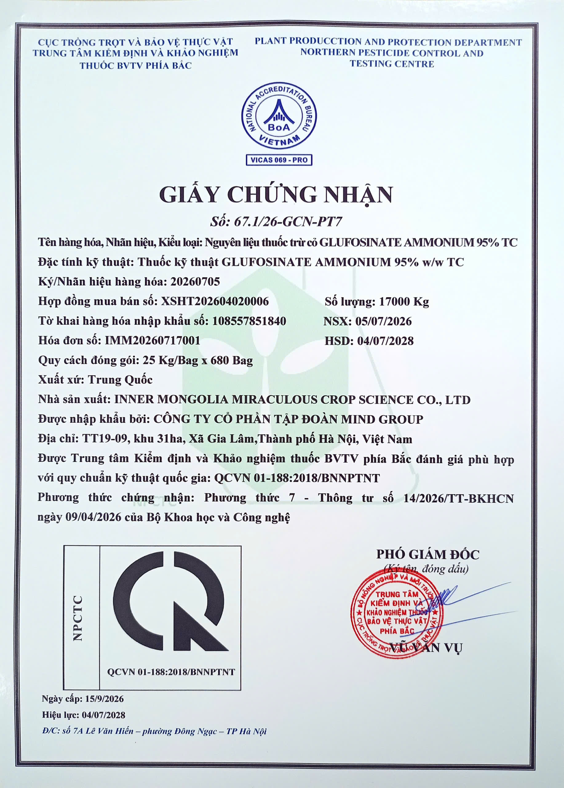 NGUYÊN LIỆU THUỐC TRỪ CỎ GLUFOSINATE AMMONIUM TECH 95%  CỦA CÔNG TY CÔNG TY CỔ PHẦN TẬP ĐOÀN MIND GROUP