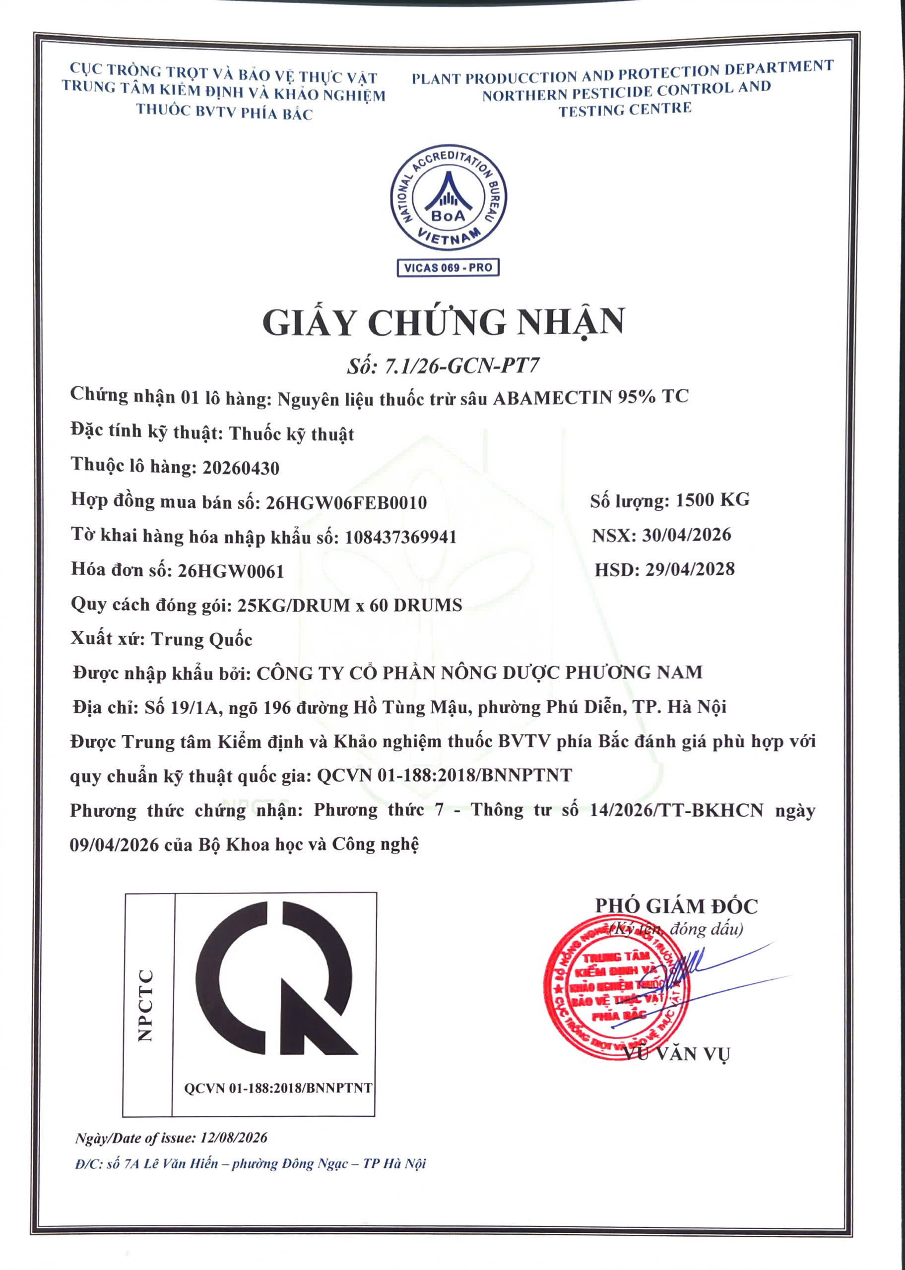 SẢN PHẨM NGUYÊN LIỆU THUỐC BẢO VỆ THỰC VẬT CỦA CÔNG TY CỔ PHẦN NÔNG DƯỢC PHƯƠNG NAM