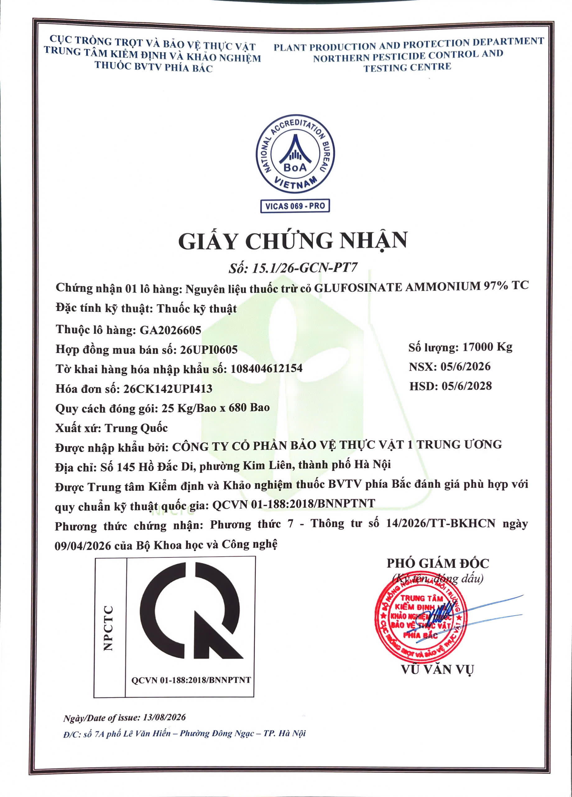 SẢN PHẨM NGUYÊN LIỆU THUỐC TRỪ CỎ GLUFOSINATE AMMONIUM 97% TC CÔNG TY CỔ PHẦN BẢO VỆ THỰC VẬT 1 TRUNG ƯƠNG