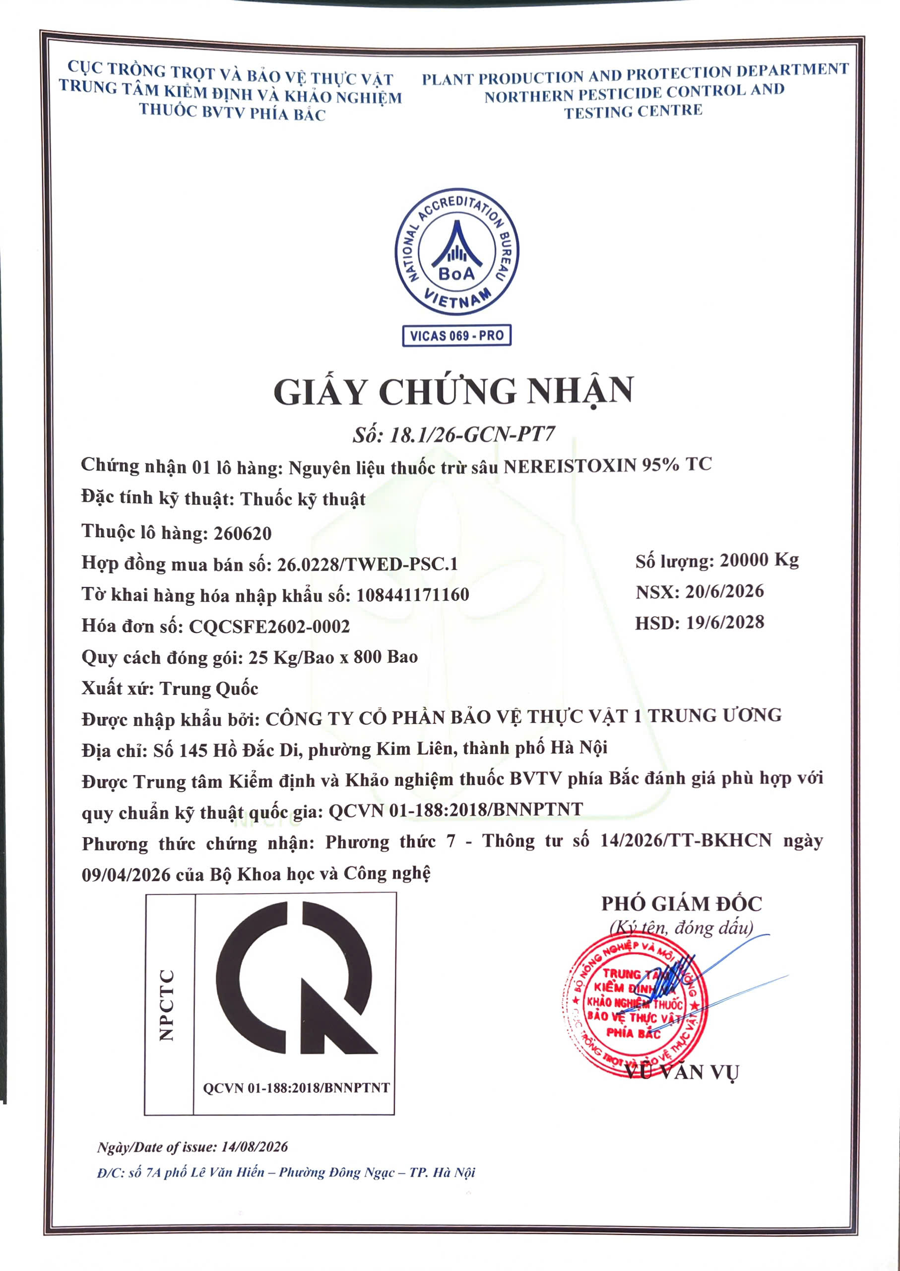 SẢN PHẨM NGUYÊN LIỆU THUỐC TRỪ SÂU NEREISTOXIN 95% TC CỦA CÔNG TY CỔ PHẦN BẢO VỆ THỰC VẬT 1 TRUNG ƯƠNG
