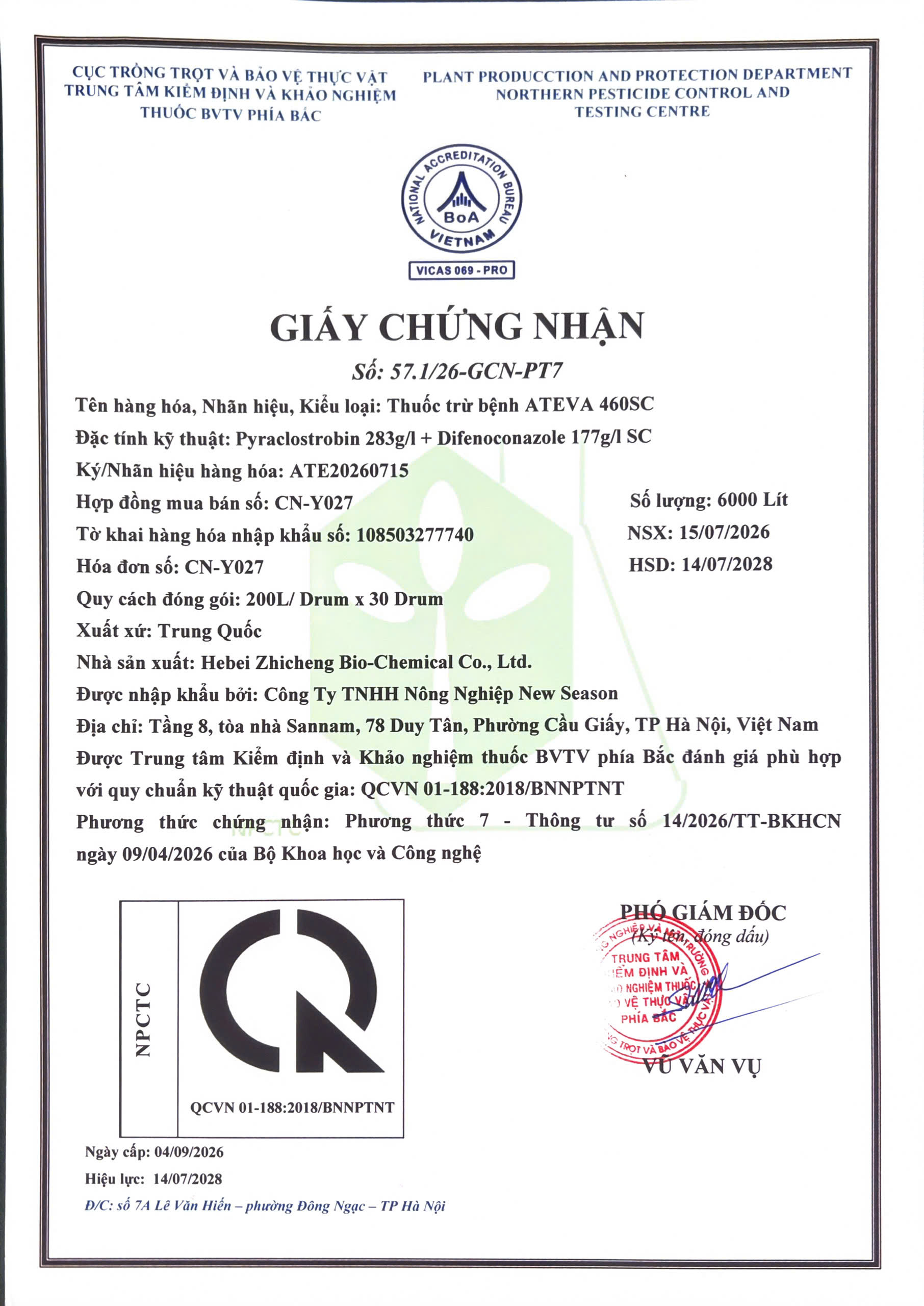 SẢN PHẨM THUỐC TRỪ BỆNH ATEVA 460SC CỦA CÔNG TY TNHH NÔNG NGHIỆP NEW SEASON