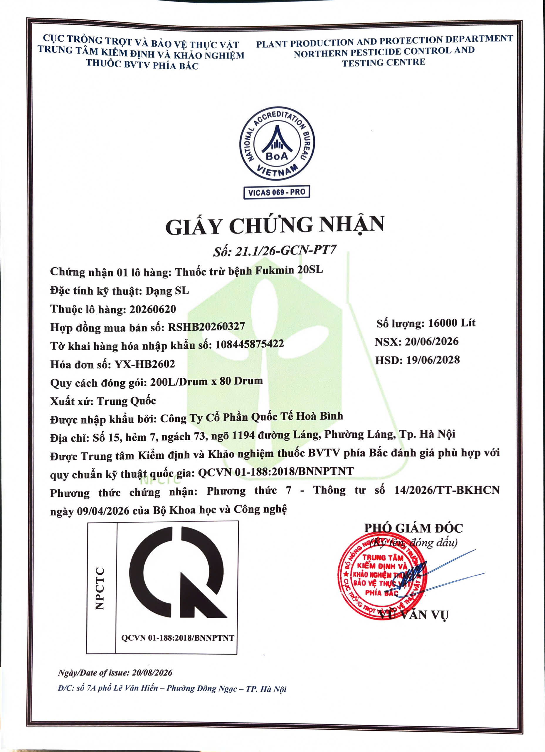 SẢN PHẨM THUỐC TRỪ BỆNH FUKMIN 20SL CỦA CÔNG TY CỔ PHẦN QUỐC TẾ HÒA BÌNH