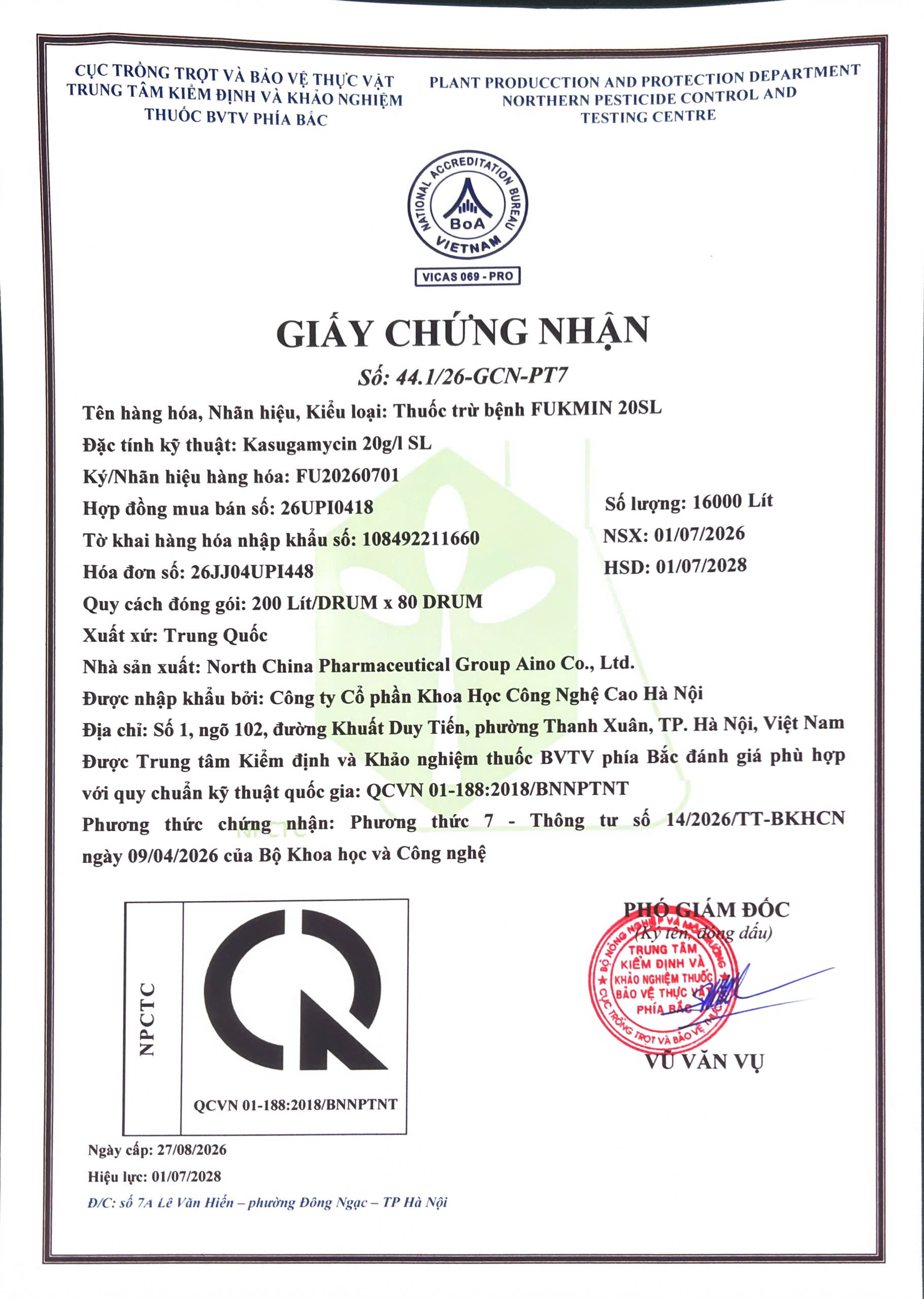 SẢN PHẨM THUỐC TRỪ BỆNH FUKMIN 20SL CỦA CÔNG TY CÔNG TY CỔ PHẦN KHOA HỌC CÔNG NGHỆ CAO HÀ NỘI