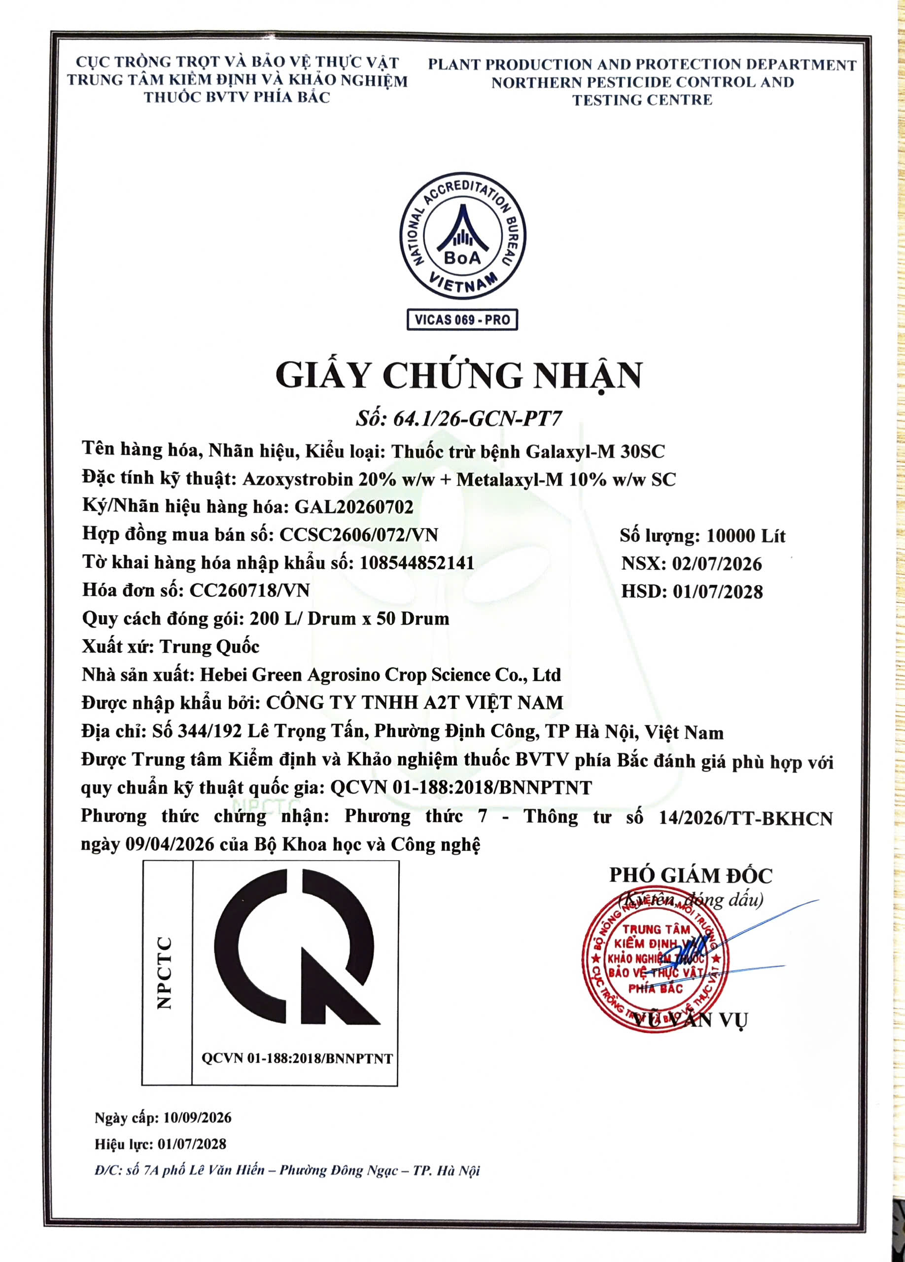SẢN PHẨM THUỐC TRỪ BỆNH Galaxyl-M 30SC CỦA CÔNG TY TNHH A2T VIỆT NAM