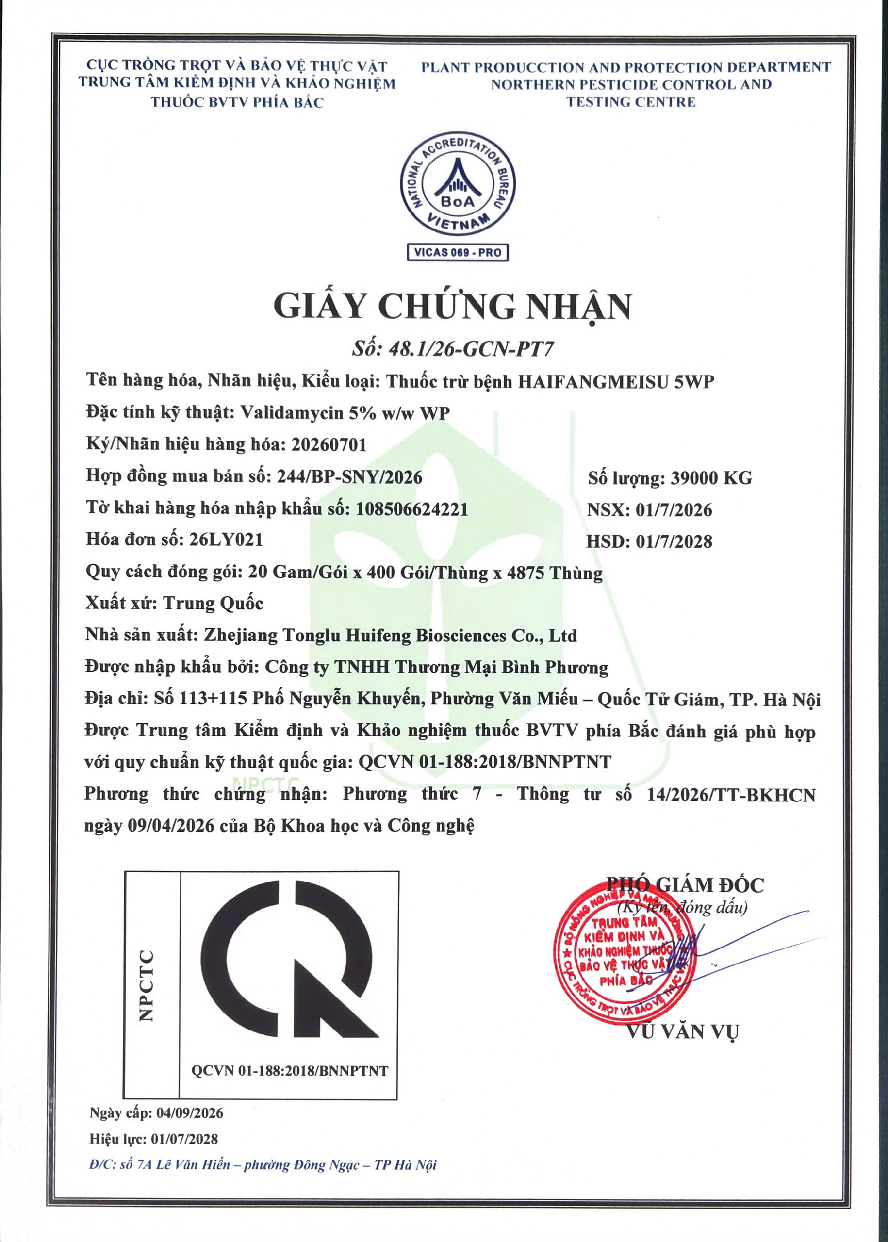 SẢN PHẨM THUỐC TRỪ BỆNH HAIFANGMEISU 5WP CỦA CÔNG TY TNHH THƯƠNG MẠI BÌNH PHƯƠNG