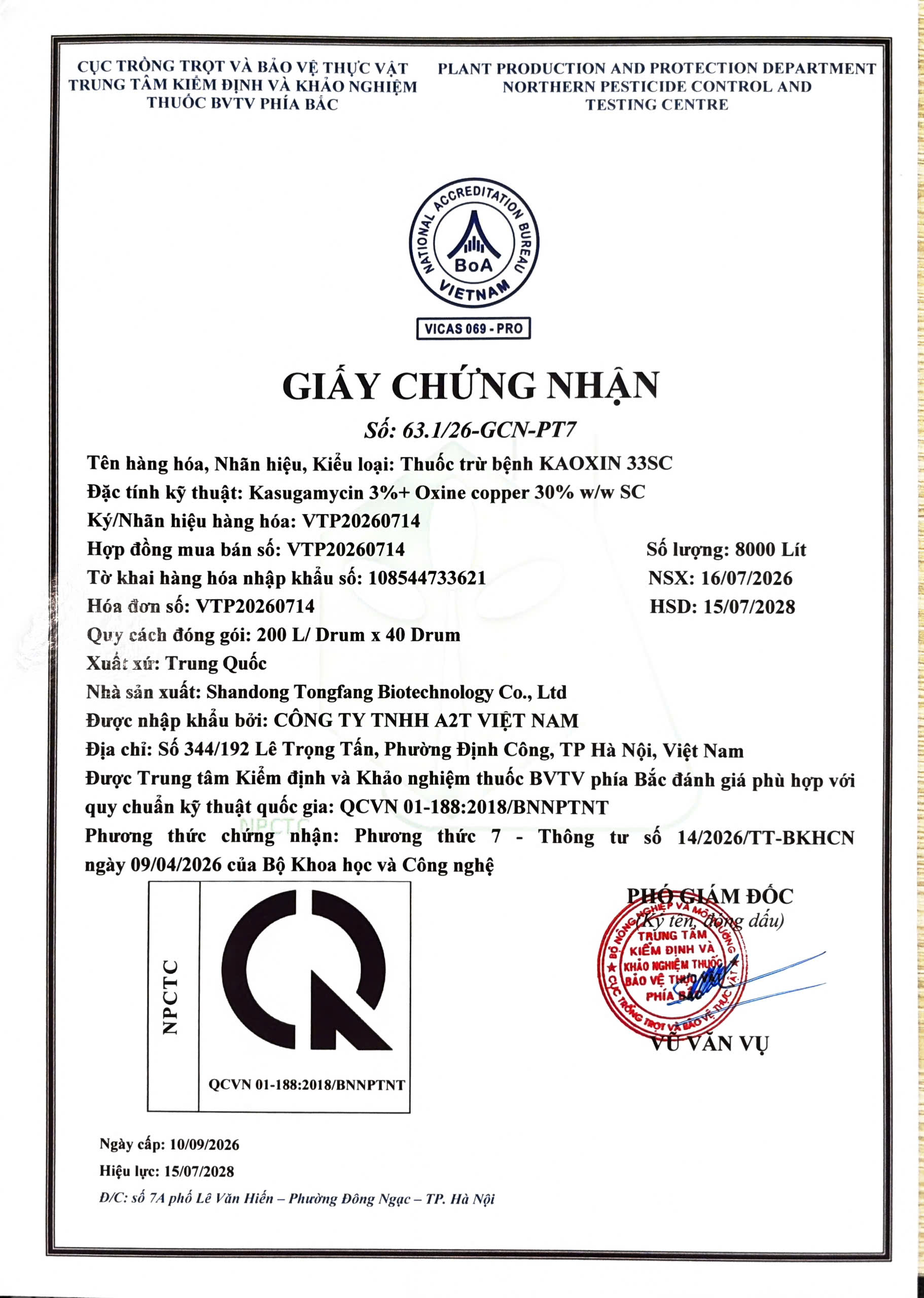 SẢN PHẨM THUỐC TRỪ BỆNH KAOXIN 33SC CỦA CÔNG TY TNHH A2T VIỆT NAM