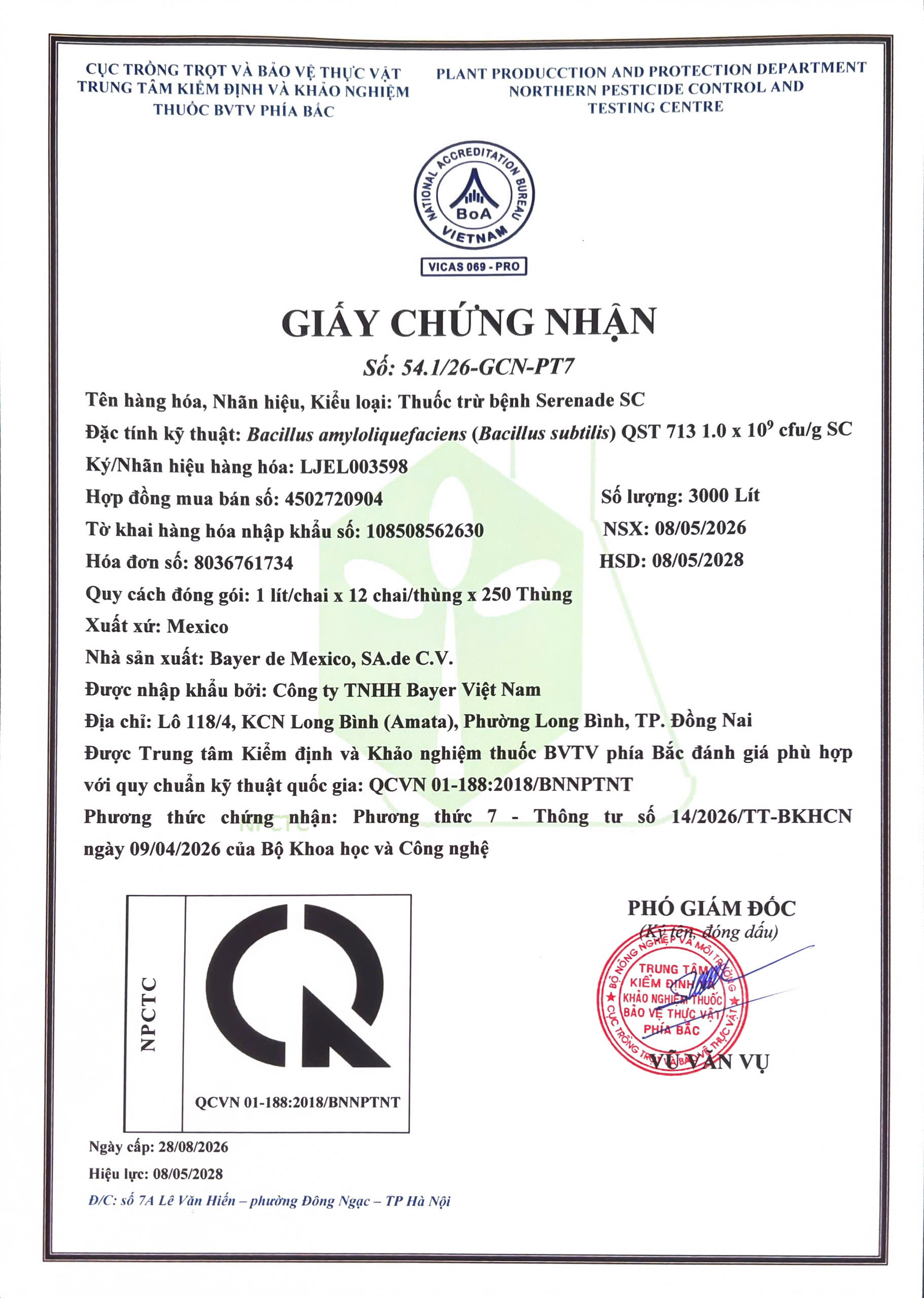 SẢN PHẨM THUỐC TRỪ BỆNH SERENADE SC CỦA CÔNG TY TNHH BAYER VIỆT NAM