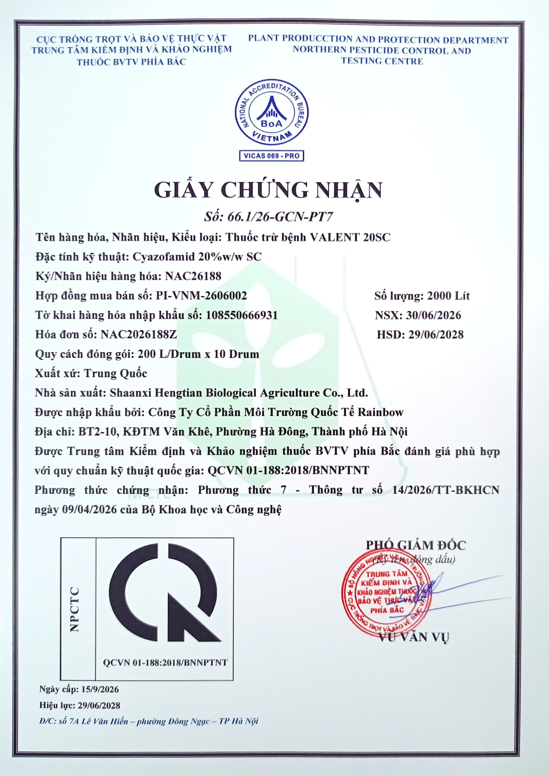 SẢN PHẨM THUỐC TRỪ BỆNH VALENT 20SC  CỦA CÔNG TY CỔ PHẦN MÔI TRƯỜNG QUỐC TẾ RAINBOW