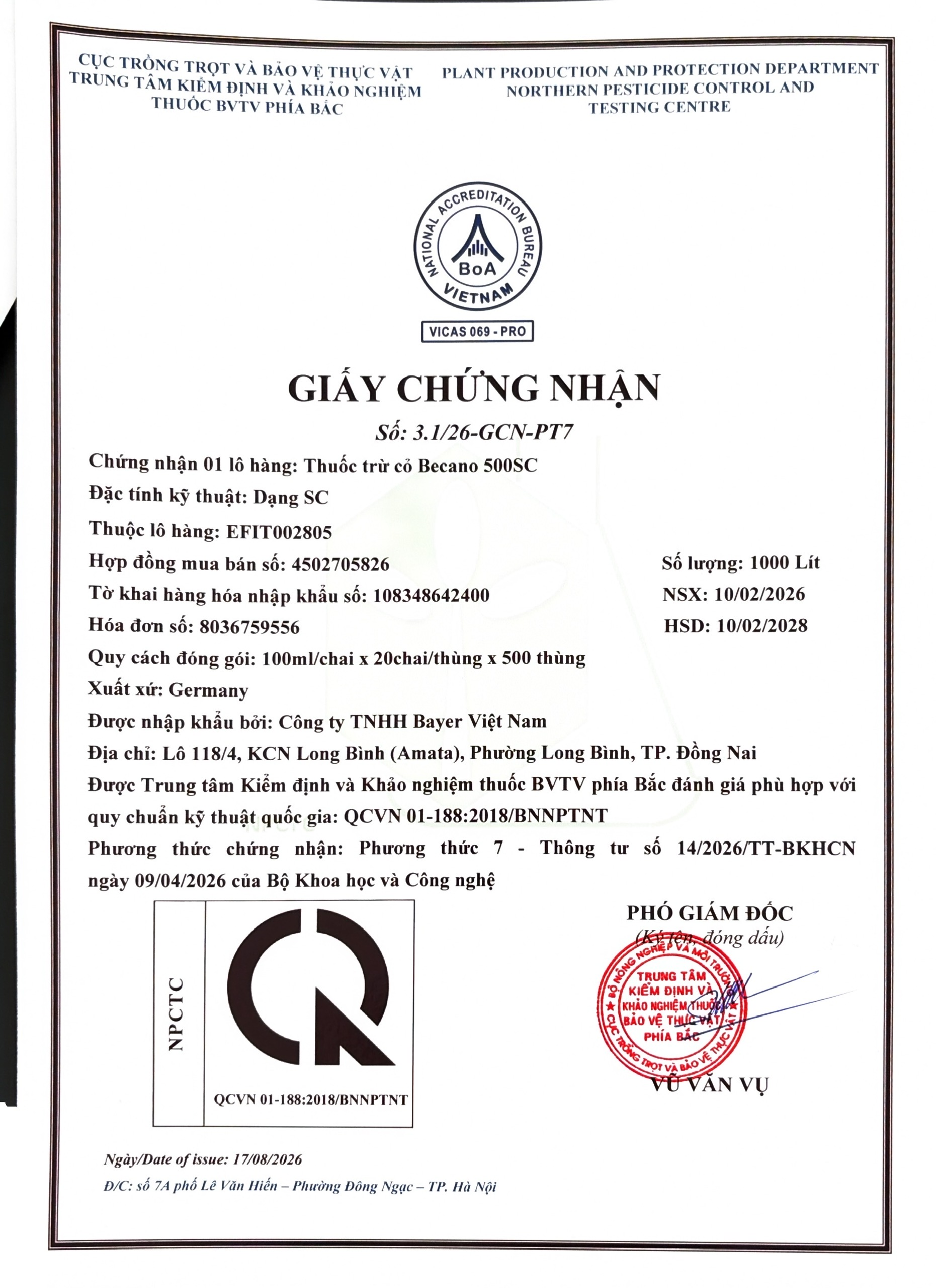 SẢN PHẨM THUỐC TRỪ CỎ BECANO 500SC CỦA CÔNG TY TNHH BAYER VIỆT NAM