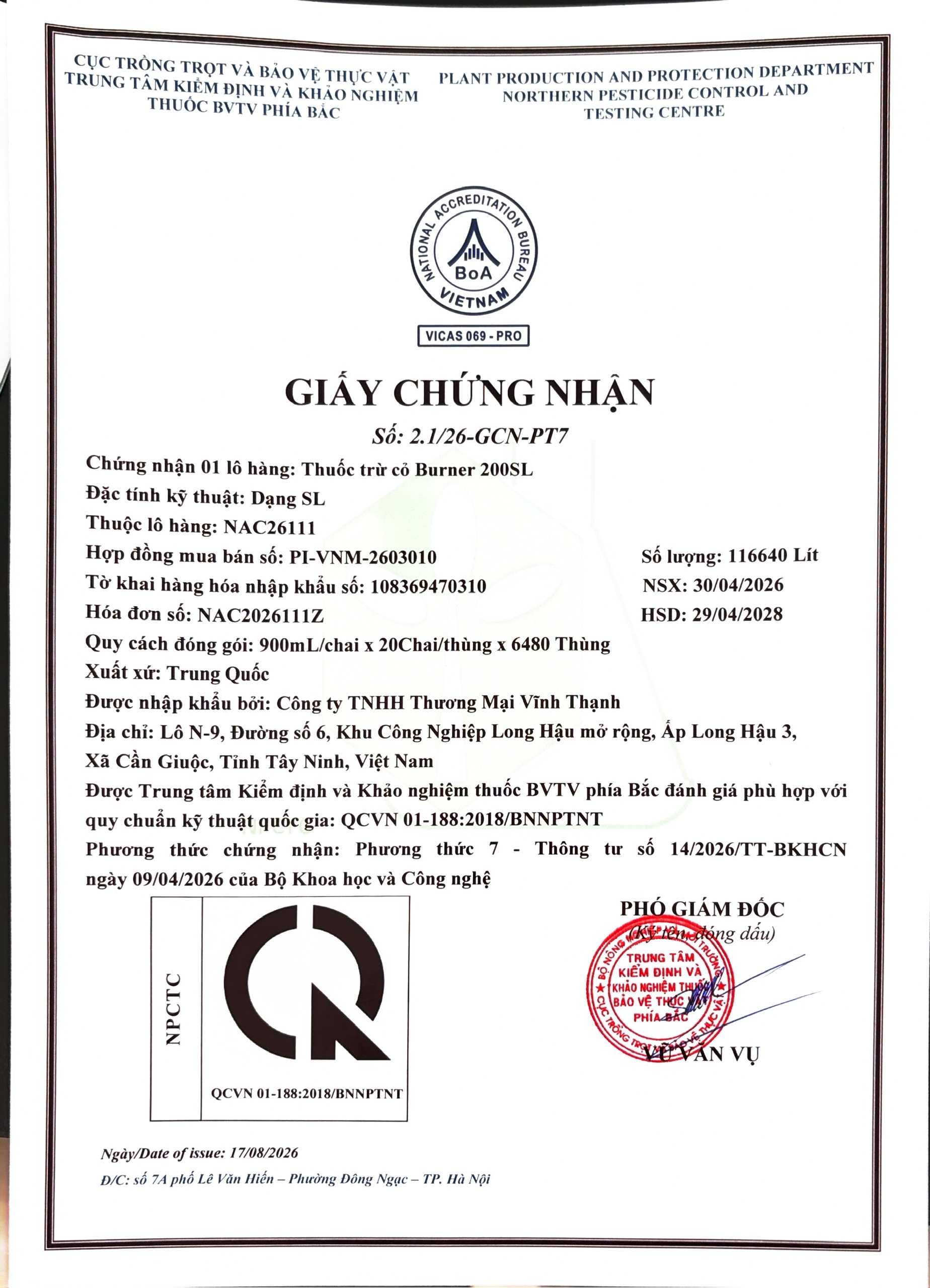 SẢN PHẨM THUỐC TRỪ CỎ BURNER 200SL CỦA CÔNG TY TNHH THƯƠNG MẠI VĨNH THẠNH