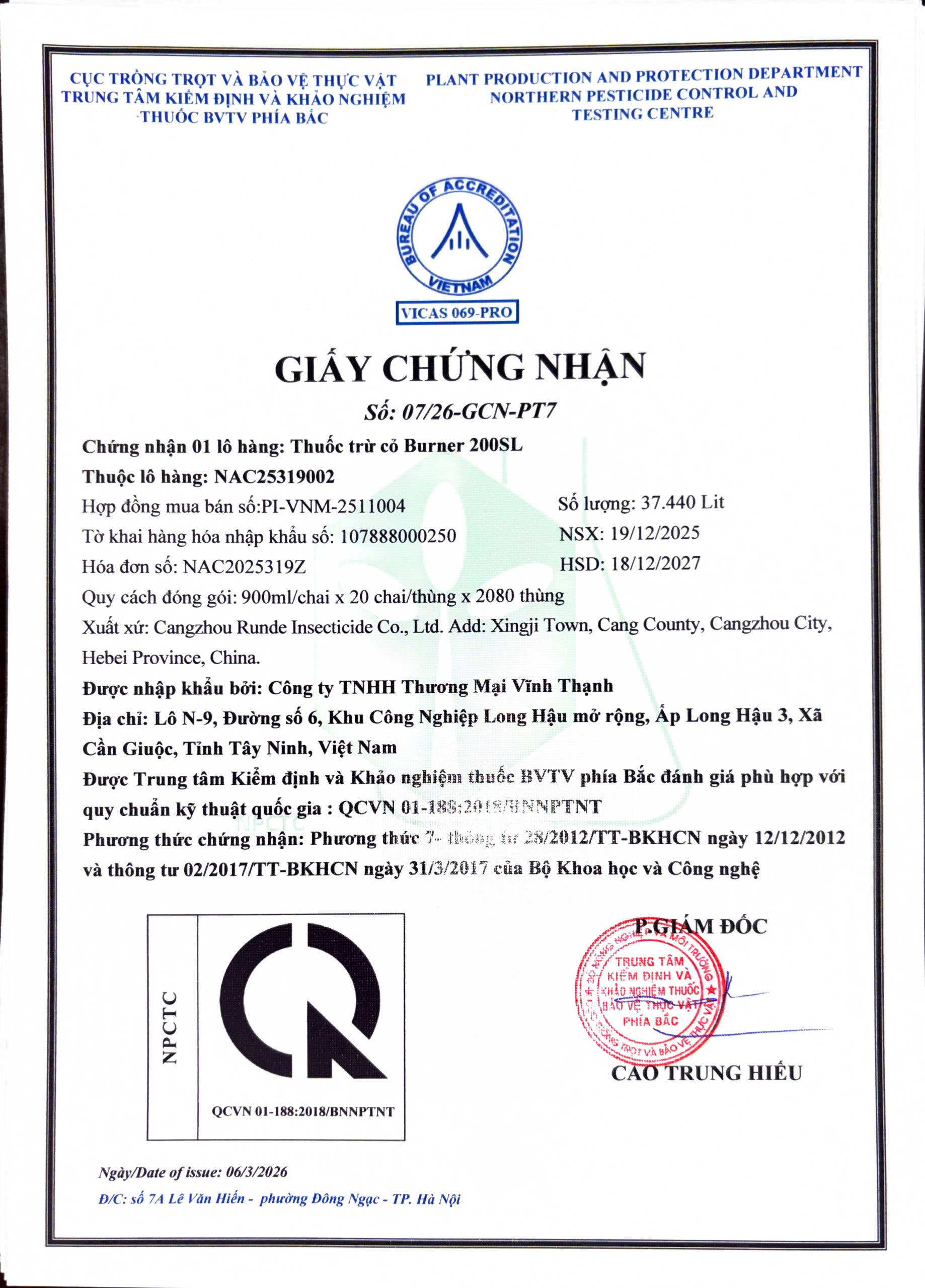 SẢN PHẨM THUỐC TRỪ CỎ BURNER 200SL CỦA CÔNG TY TNHH THƯƠNG MẠI VĨNH THẠNH