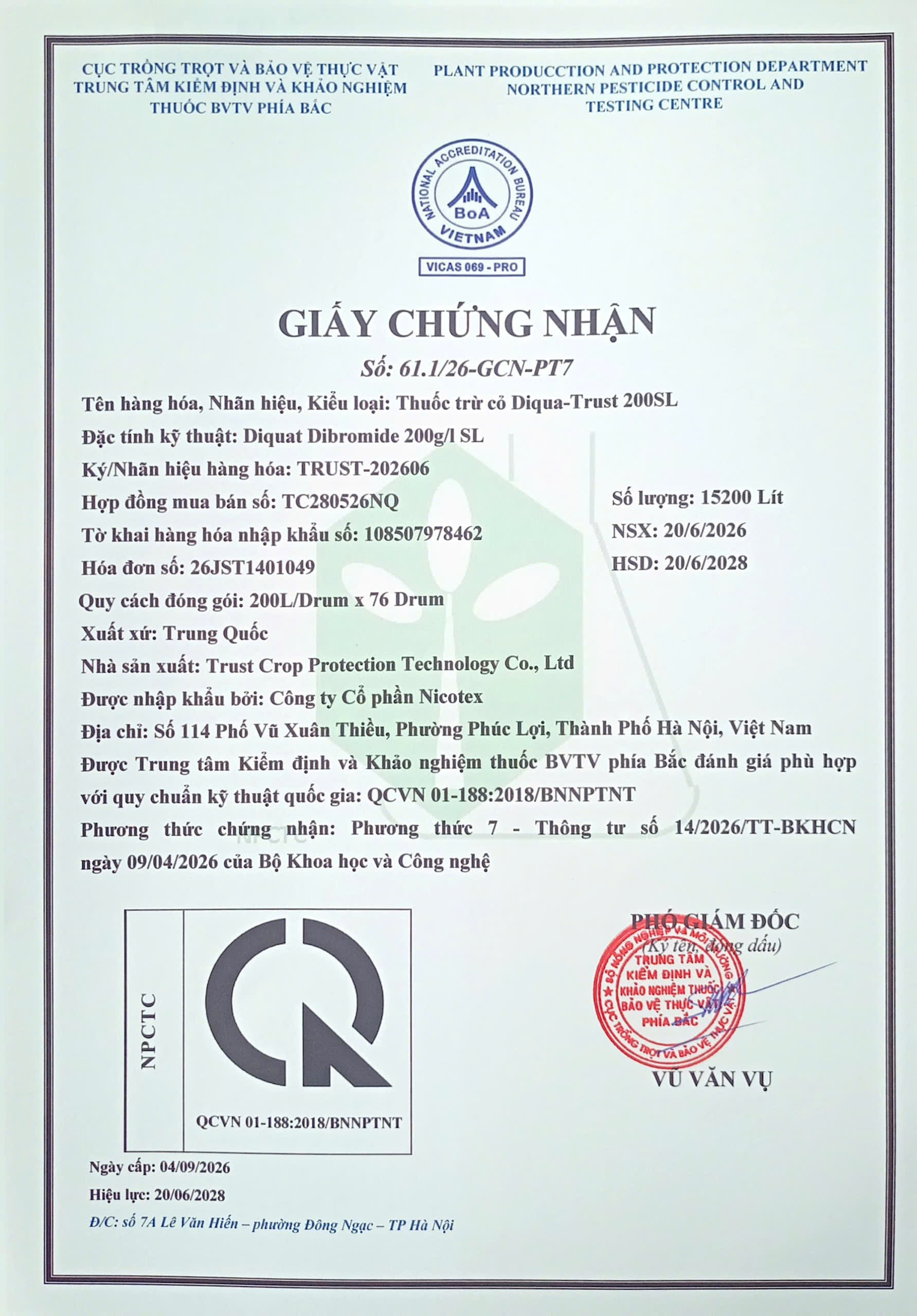 SẢN PHẨM THUỐC TRỪ CỎ DIQUA-TRUST 200SL CỦA CÔNG TY CỔ PHẦN NICOTEX