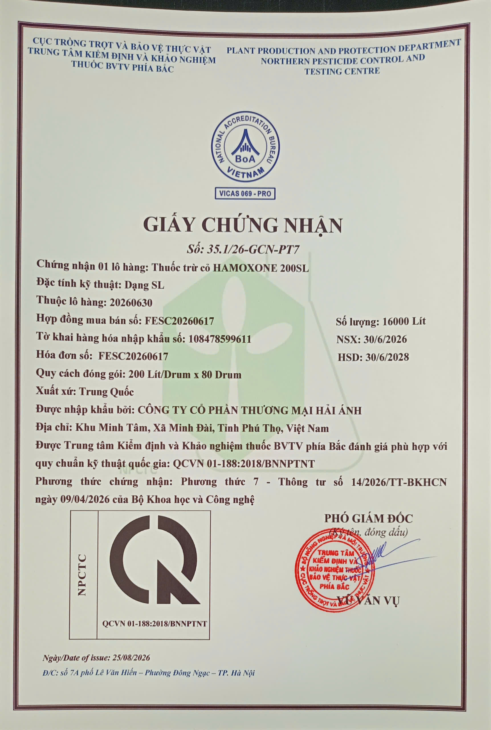 SẢN PHẨM THUỐC TRỪ CỎ HAMOXONE 200SL CỦA CÔNG TY CỔ PHẦN THƯƠNG MẠI HẢI ÁNH