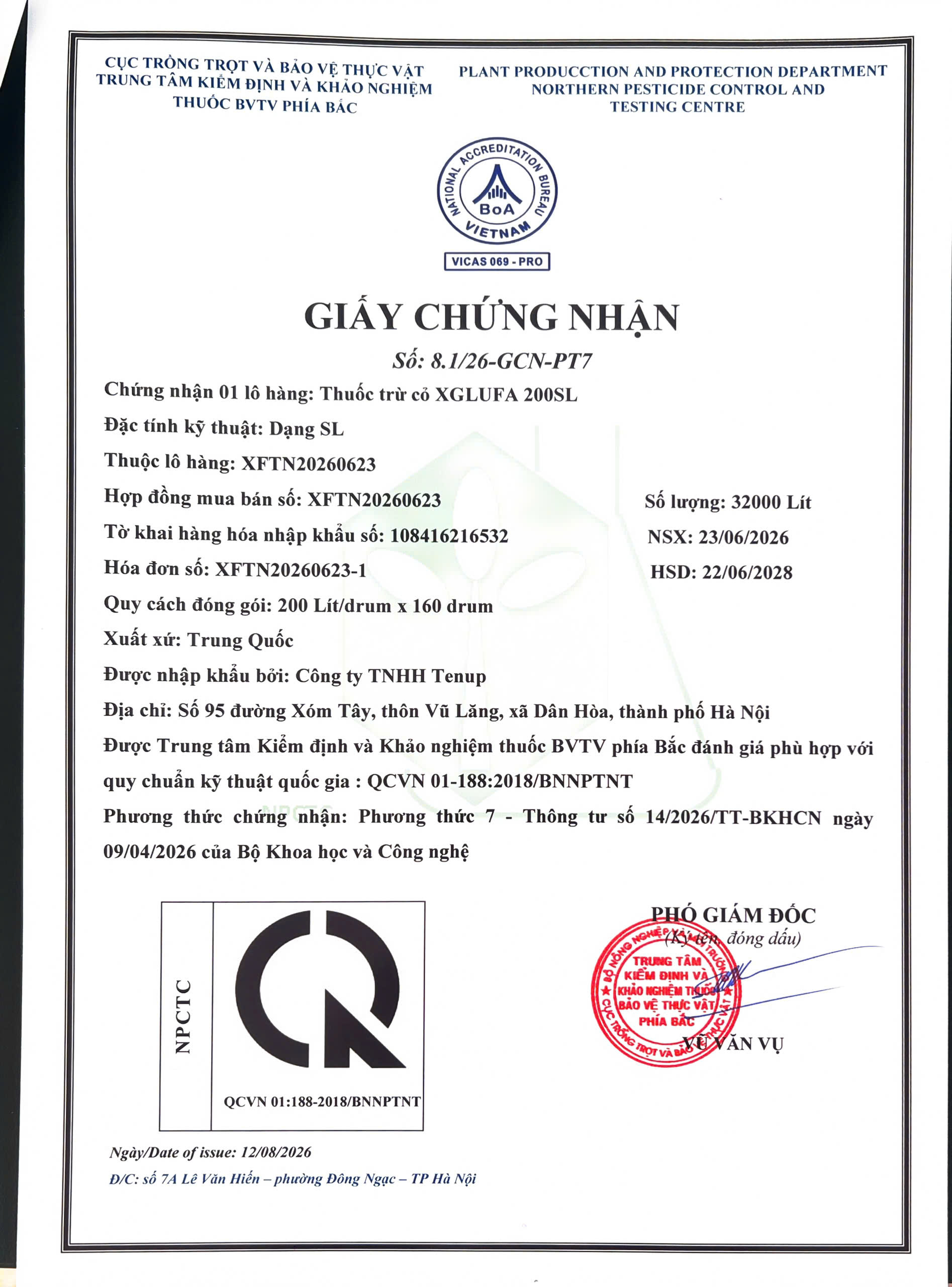 SẢN PHẨM THUỐC TRỪ CỎ XGLUFA 200SL CÔNG TY TNHH TENUP