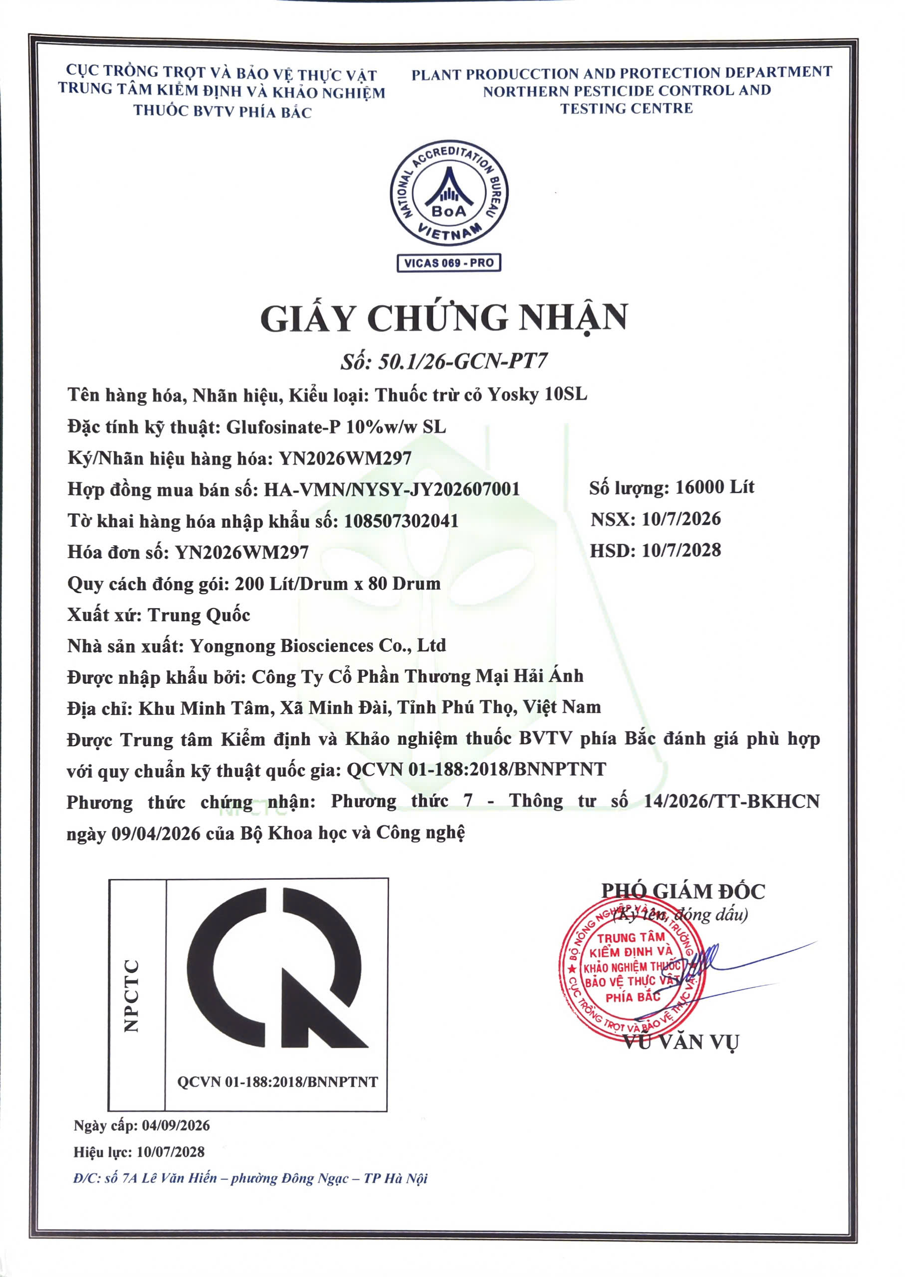 SẢN PHẨM THUỐC TRỪ CỎ YOSKY 10SL CỦA CÔNG TY CỔ PHẦN THƯƠNG MẠI HẢI ÁNH