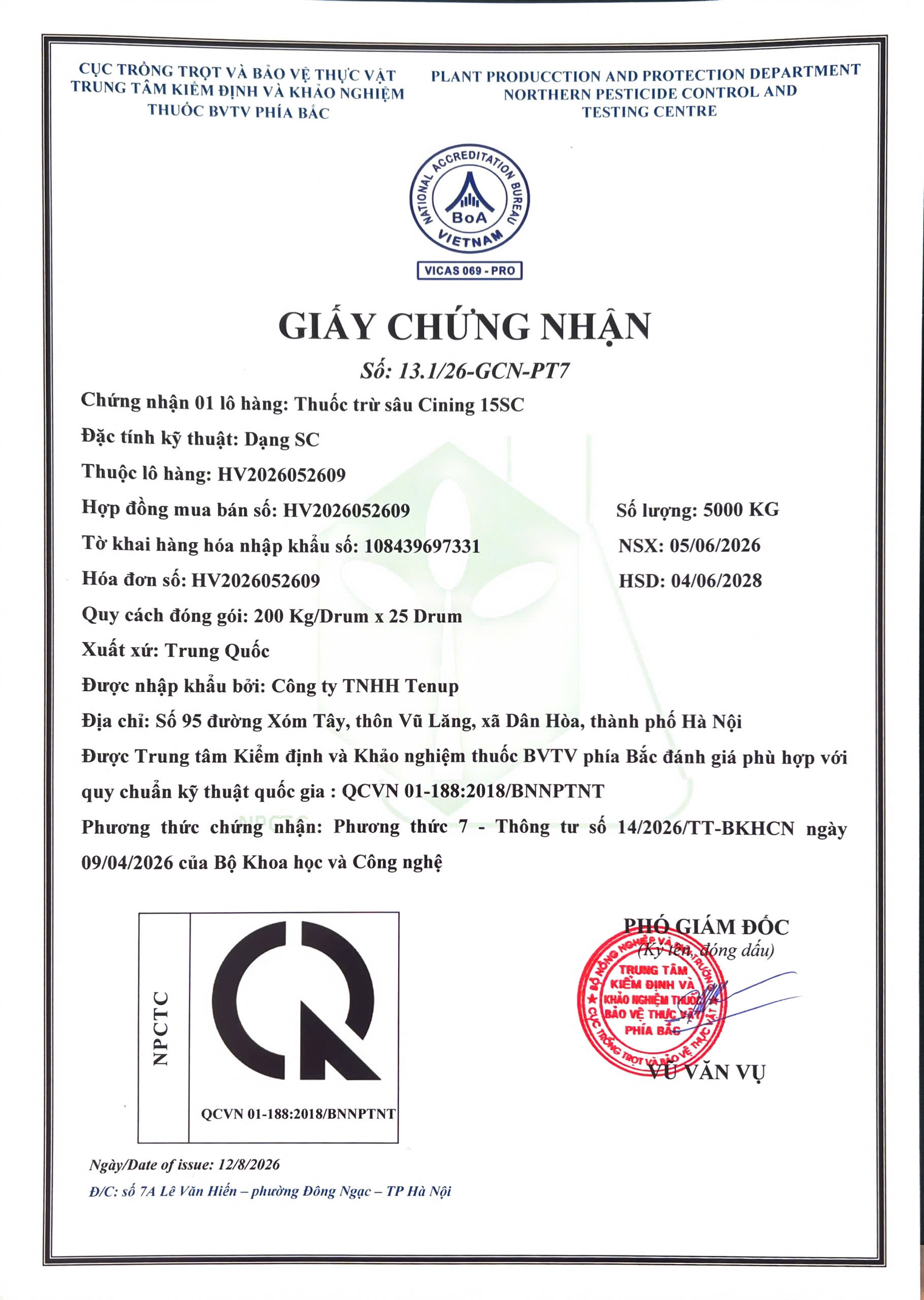 SẢN PHẨM THUỐC TRỪ SÂU CINING 15SC CÔNG TY TNHH TENUP