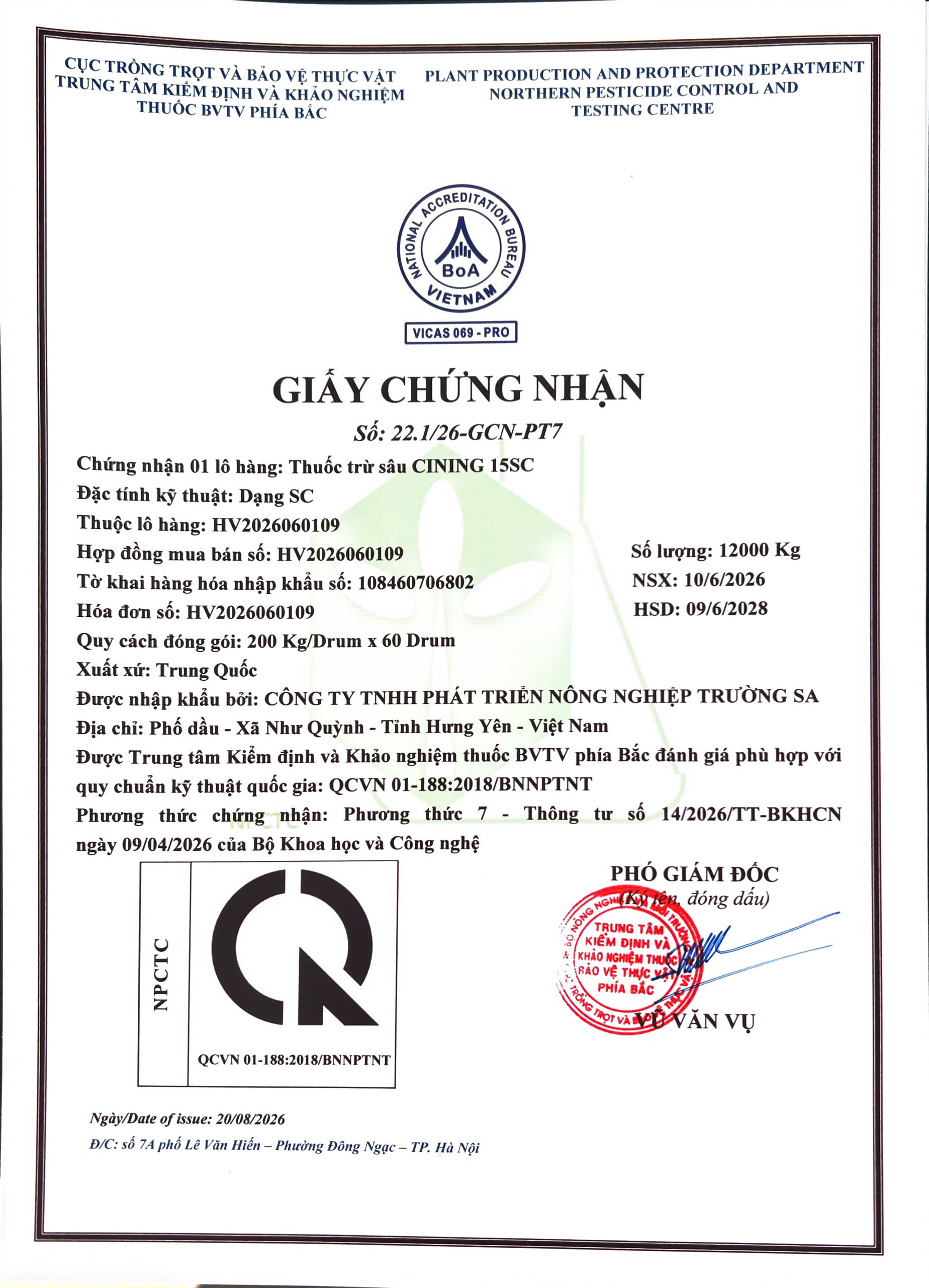 SẢN PHẨM THUỐC TRỪ SÂU CINING 15SC CỦA CÔNG TY TNHH PHÁT TRIỂN NÔNG NGHIỆP TRƯỜNG SA