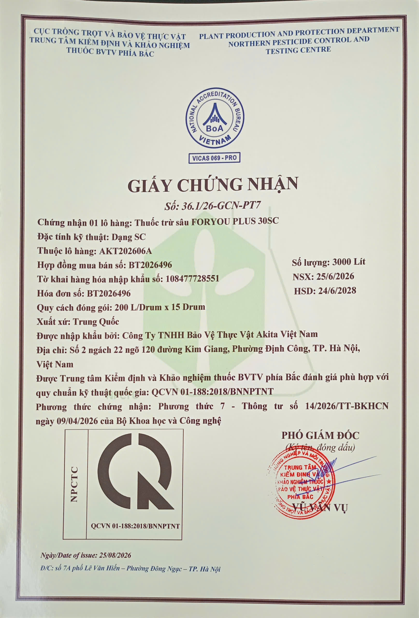 SẢN PHẨM THUỐC TRỪ SÂU FORYOU PLUS 30SC CỦA CÔNG TY TNHH BẢO VỆ THỰC VẬT AKITA VIỆT NAM