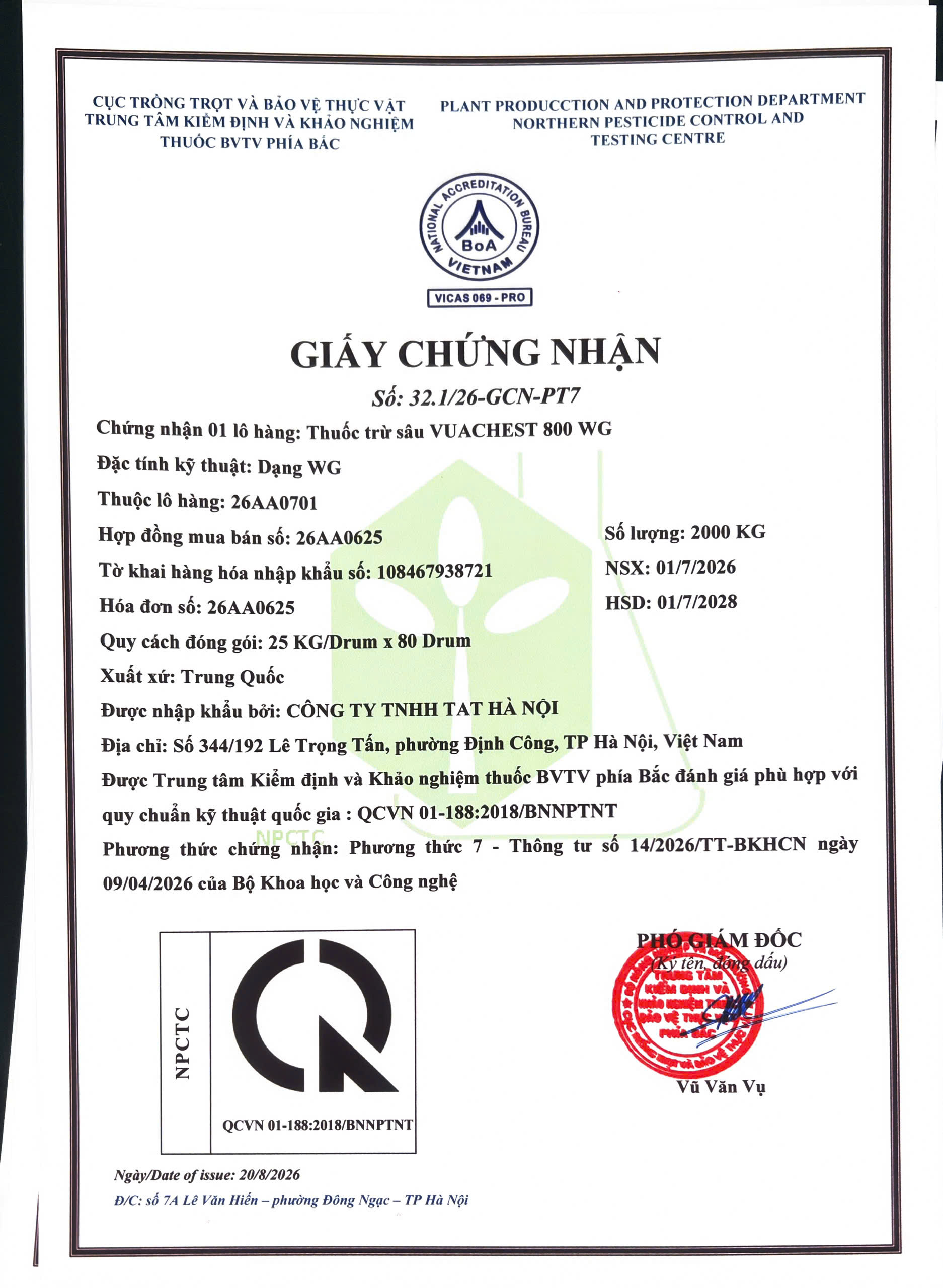 SẢN PHẨM THUỐC TRỪ SÂU VUACHEST 800 WG CỦA Công ty TNHH TAT HN
