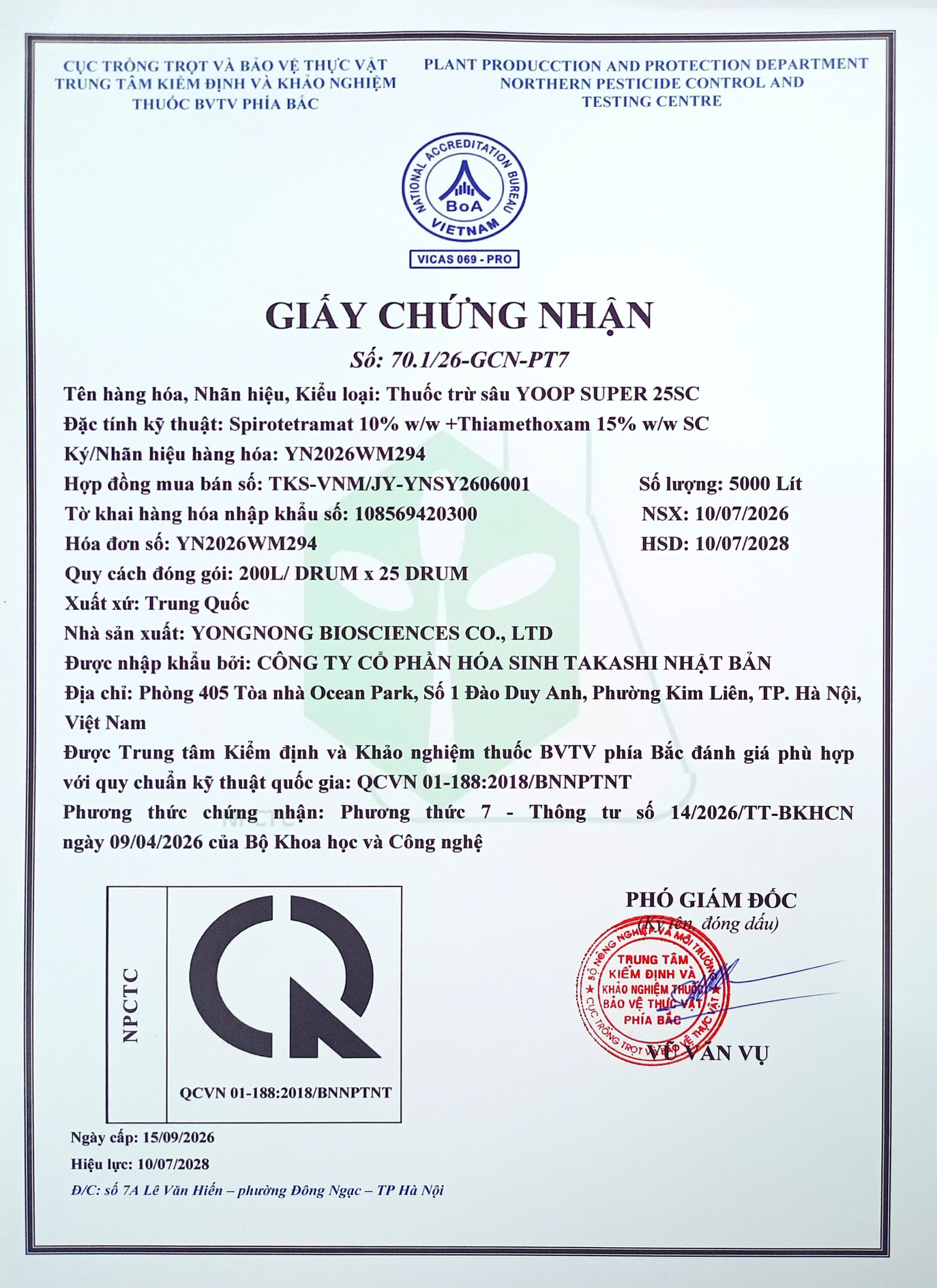 SẢN PHẨM THUỐC TRỪ SÂU YOOP SUPER 25SC CỦA CÔNG TY CÔNG TY CỔ PHẦN HÓA SINH TAKASHI NHẬT BẢN