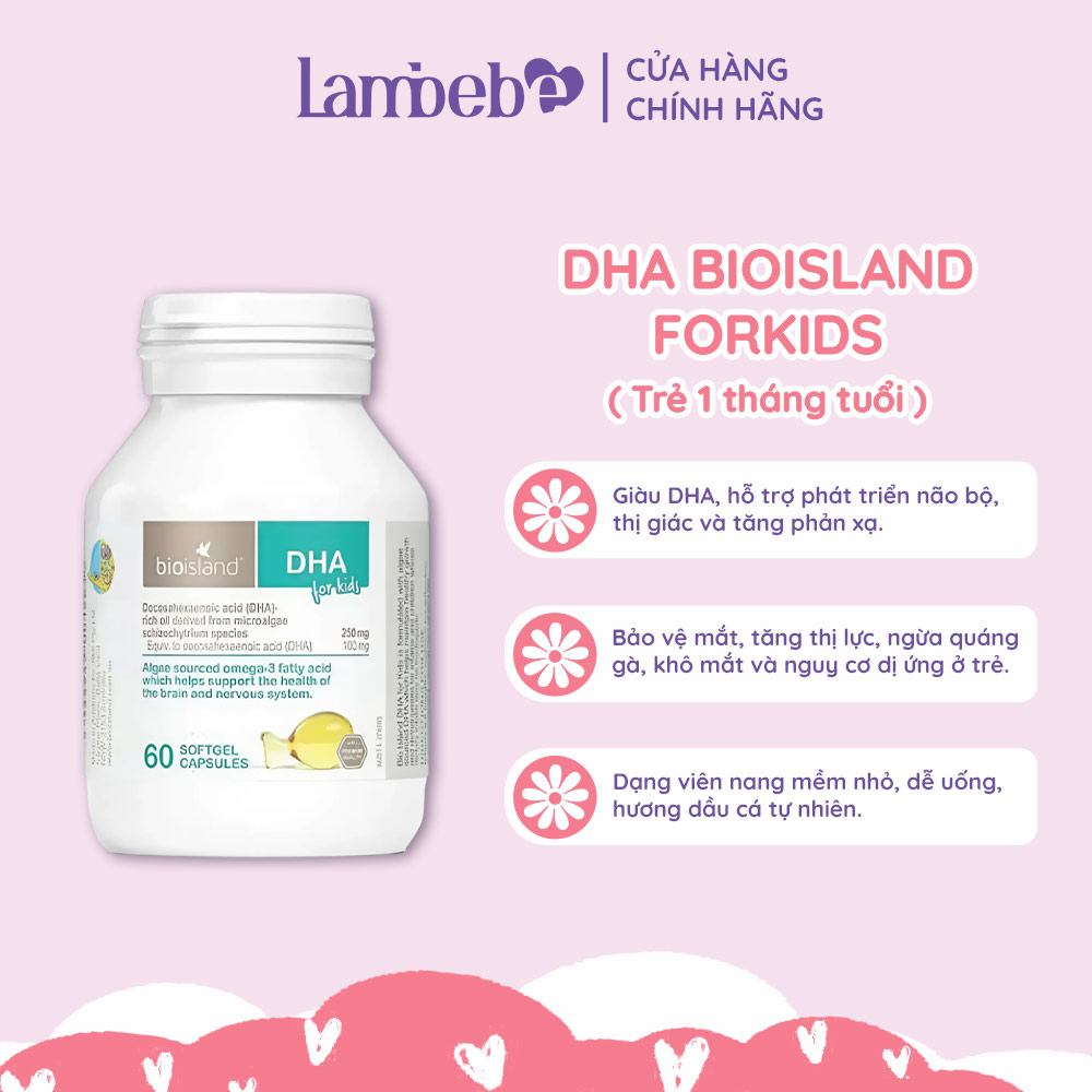 DHA cho bé Bioisland DHA For Kids hộp 60 viên giúp bé phát triển trí não và hệ thần kinh