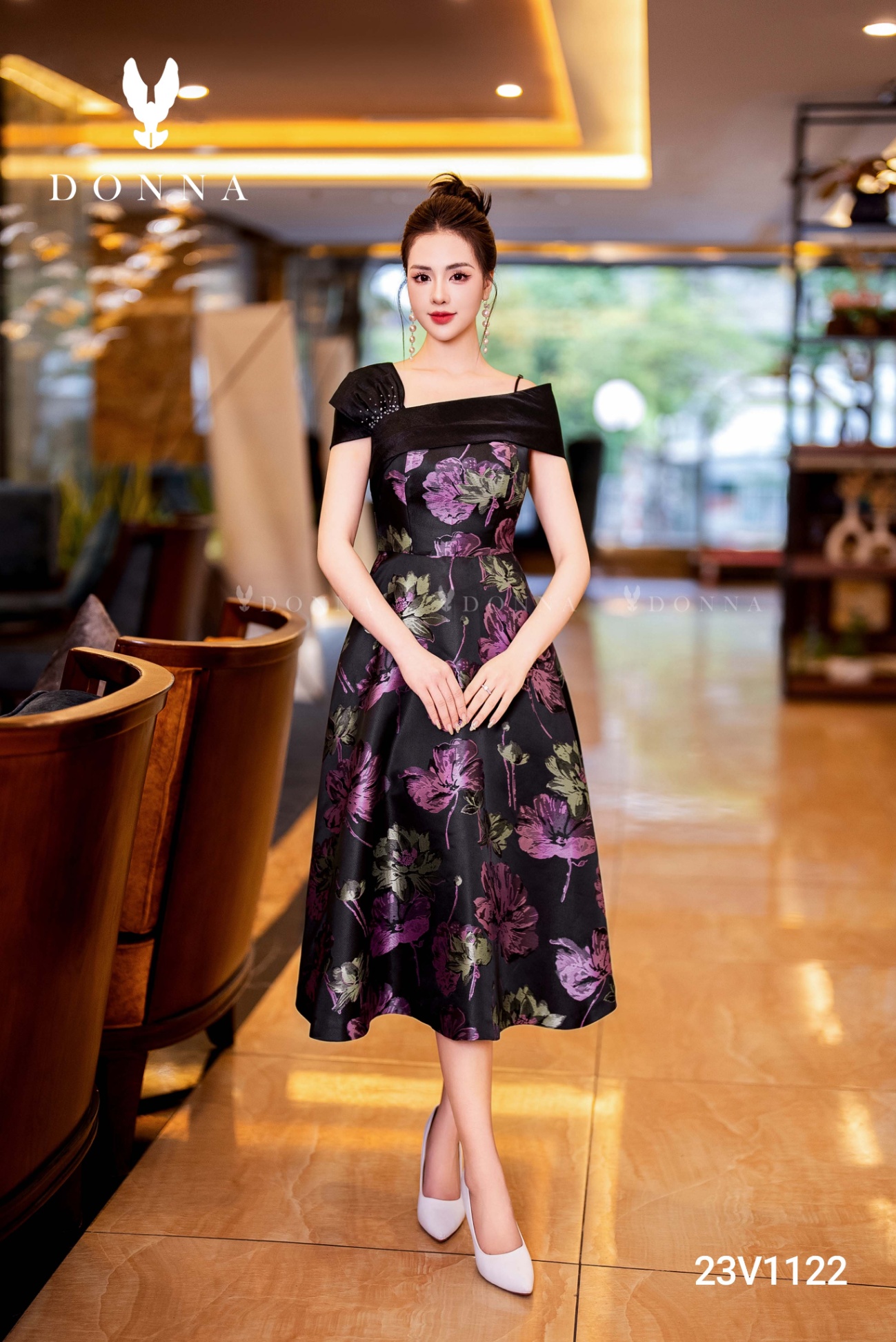 23V1122 - Đầm xòe tafta họa tiết