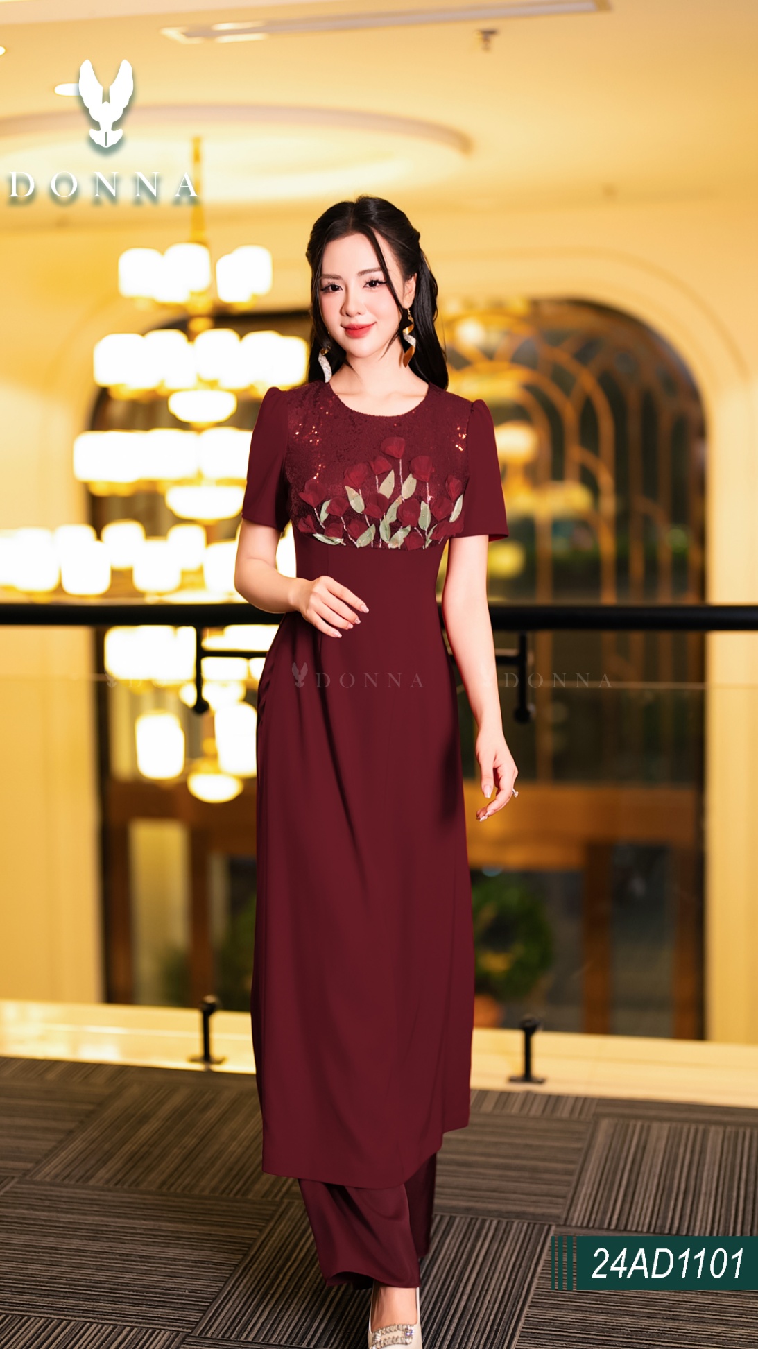 24AD1101 - Set áo dài đỏ đô nữ hoàng phối kim sa