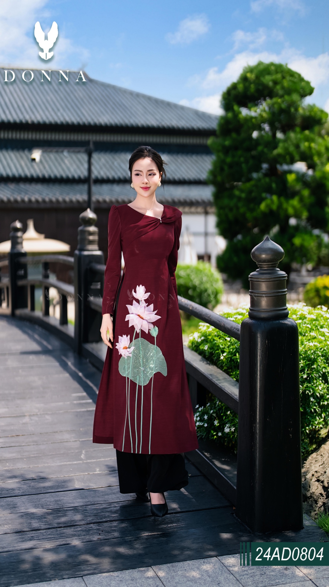 24AD0804 - Set áo dài đỏ đô blend kim cương