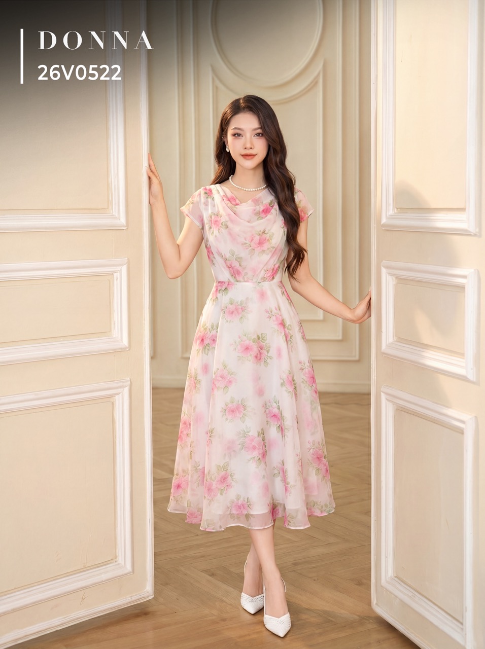 26V0522 - Đầm xoè tơ hoa in