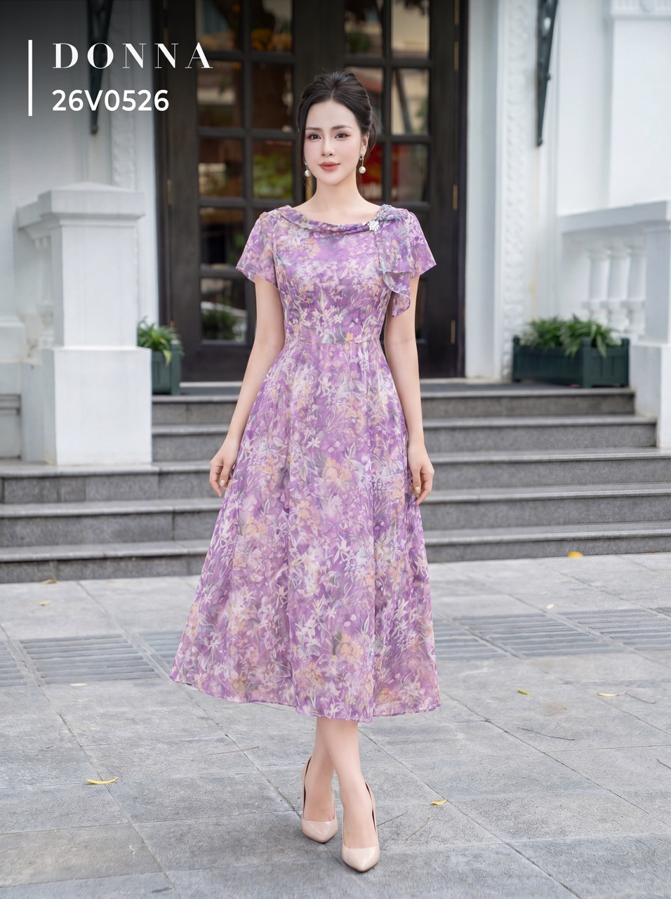 26V0526 - Đầm xoè tơ tím in hoạ tiết