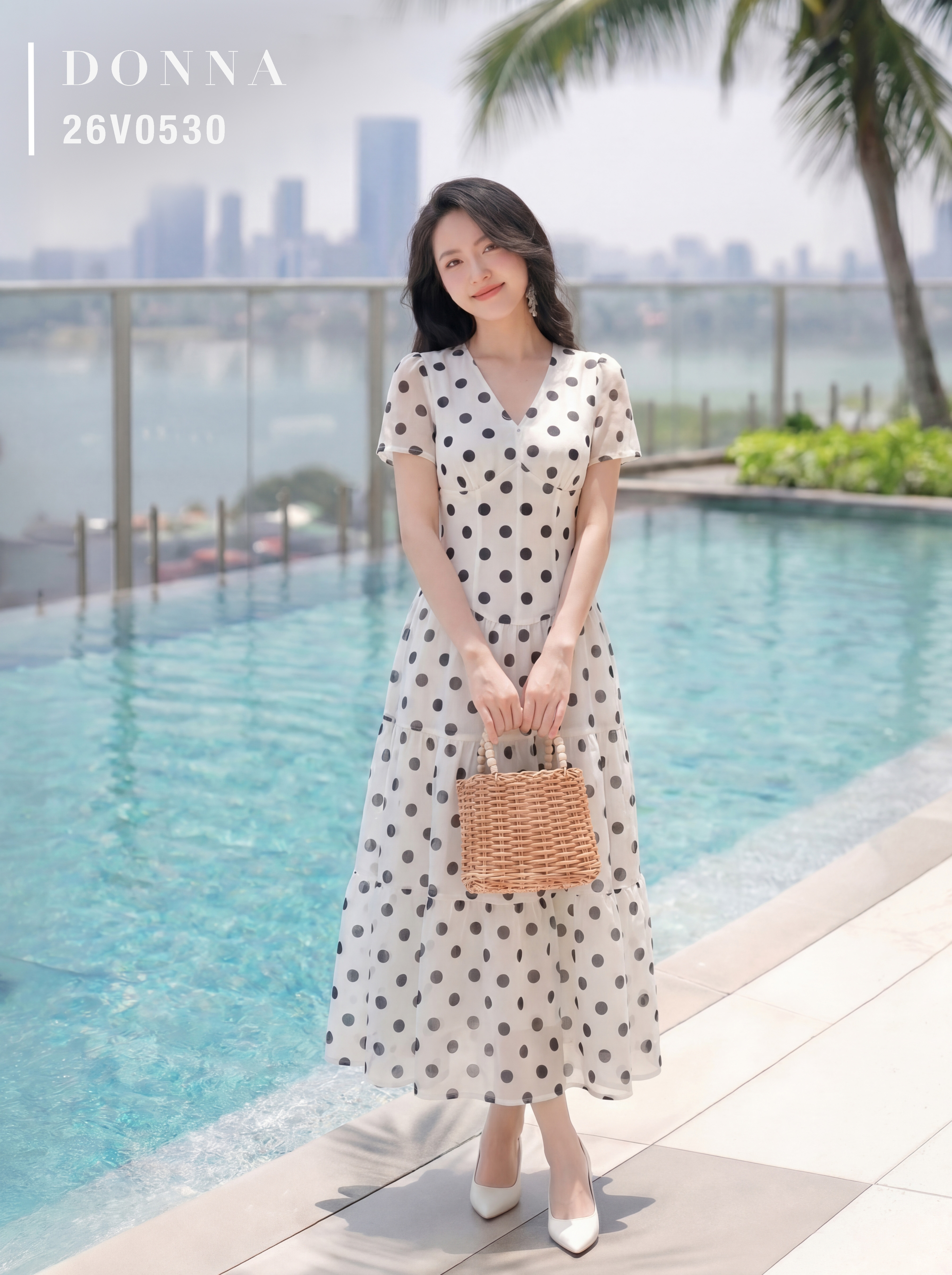 26V0530 - Đầm xoè tơ chifon hoạ tiết chấm bi