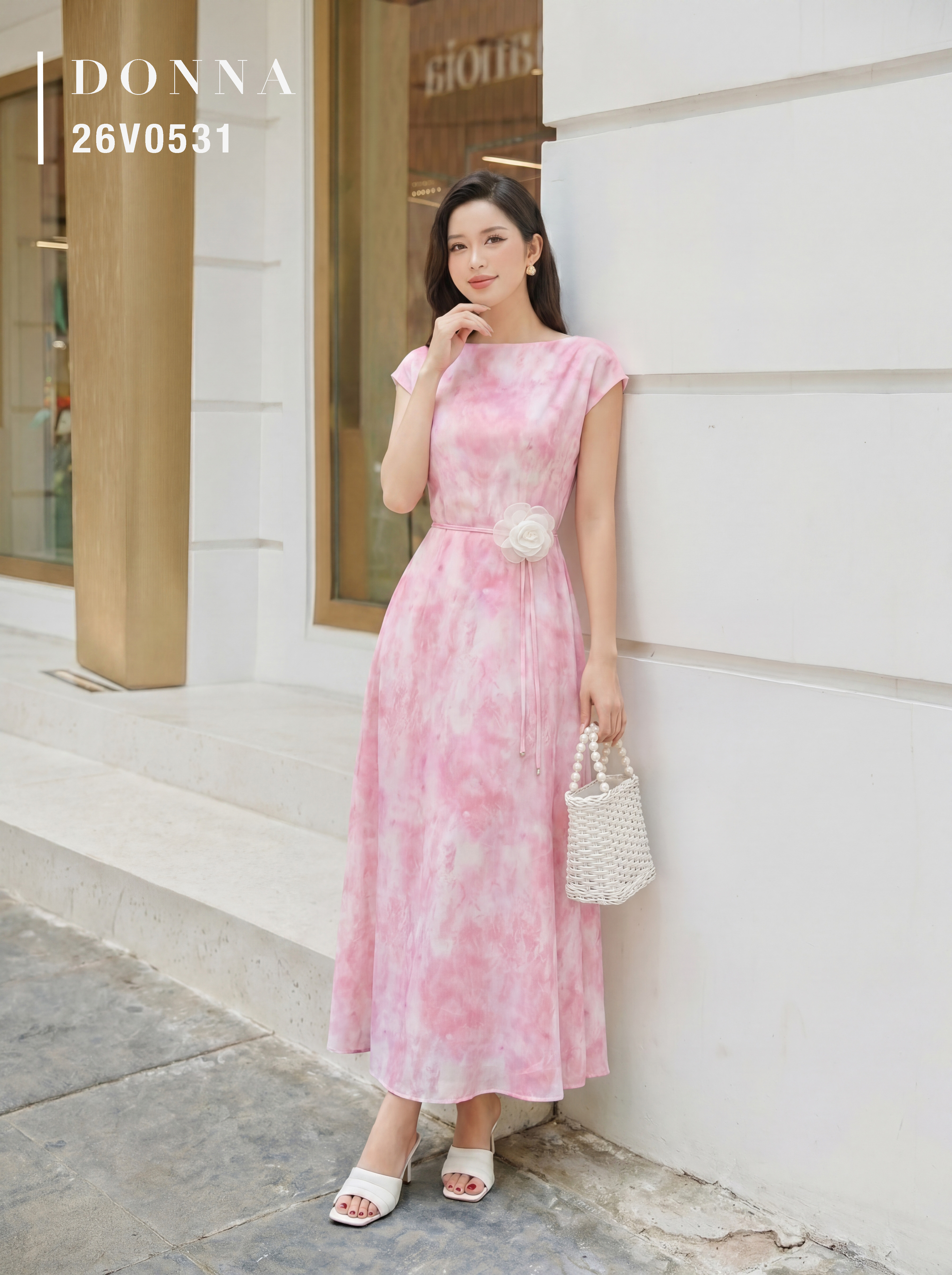 26V0531 - Đầm xoè tơ hồng in hoạ tiết