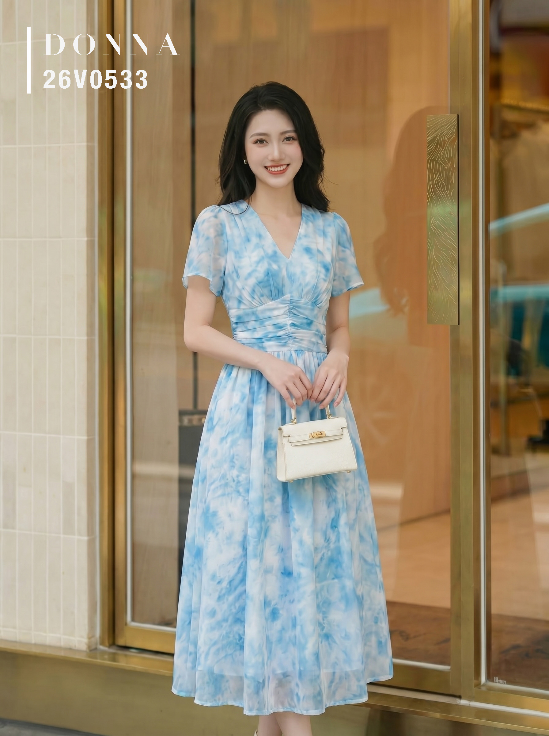 26V0533 - Đầm xoè tơ in hoa xanh