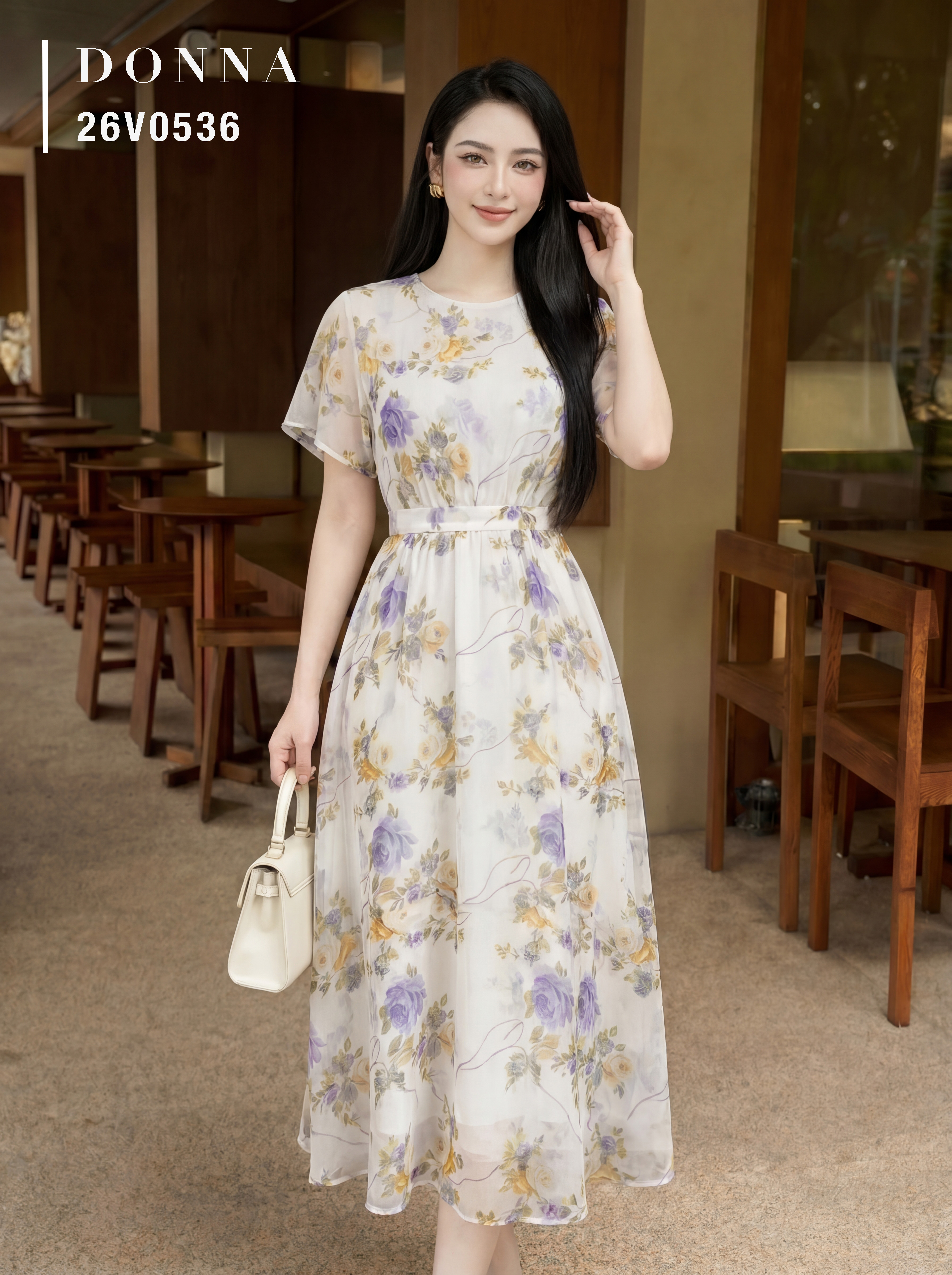 26V0536 - Đầm xoè tơ trắng in hoa