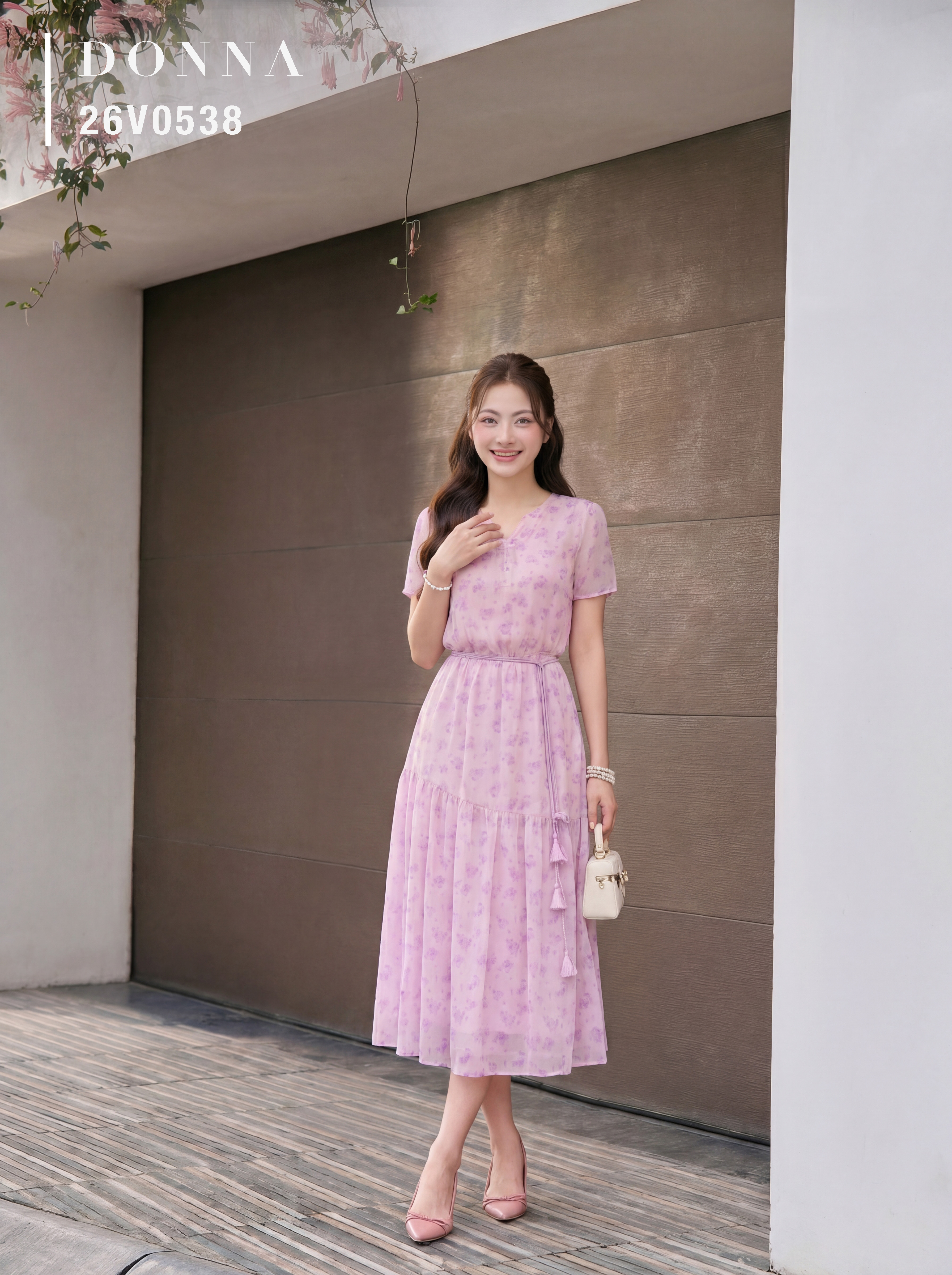 26V0538 - Đầm xoè tơ hồng in hoa