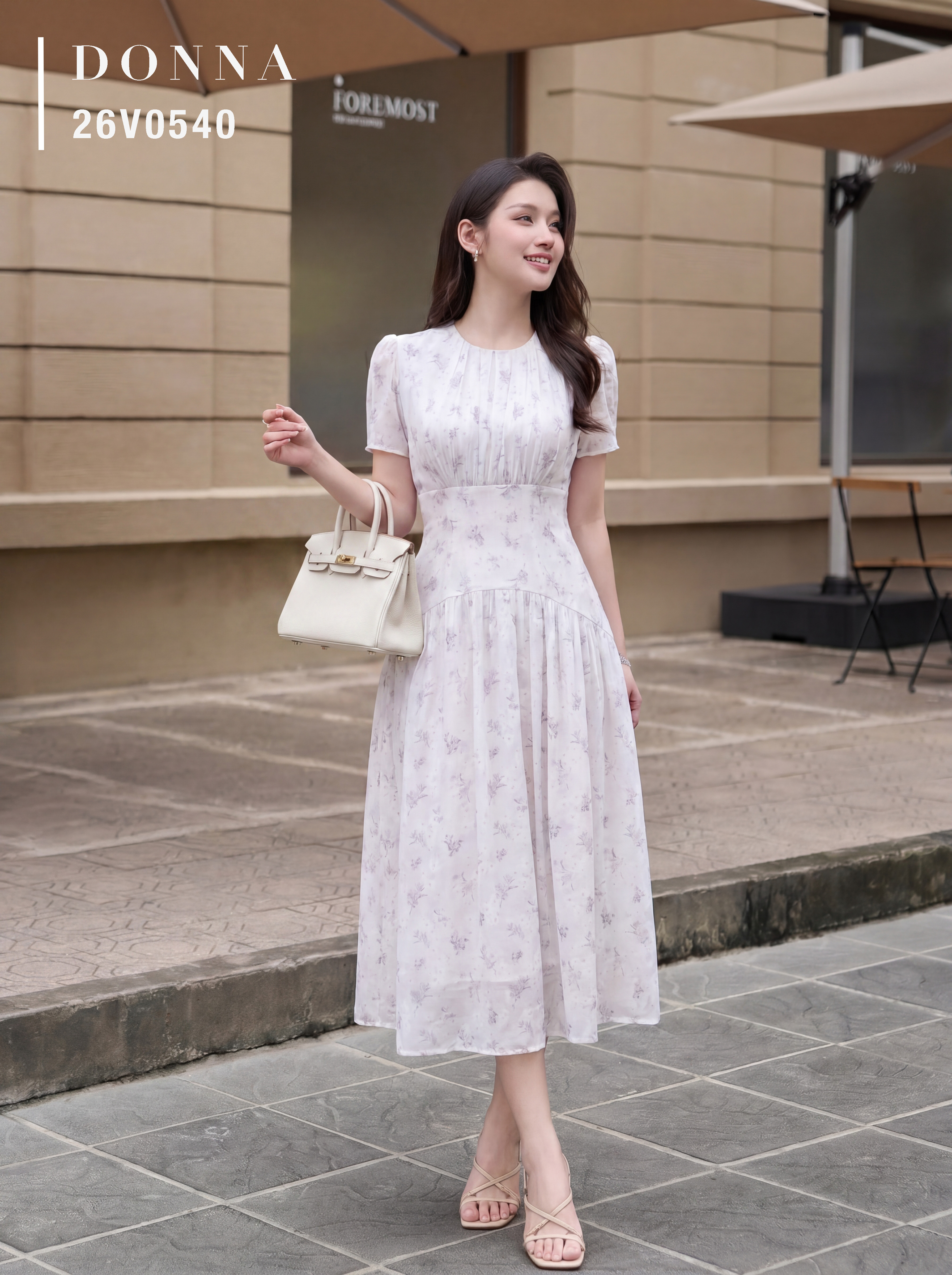 26V0540 - Đầm xoè tơ in hoạ tiết hoa nhí