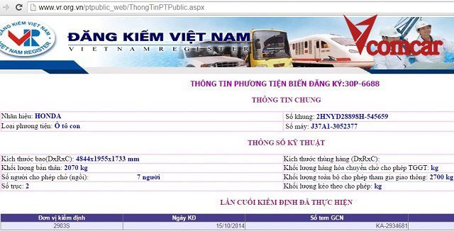 Kết quả sau khi thực hiện xong các bước tra cứu biển số xe.