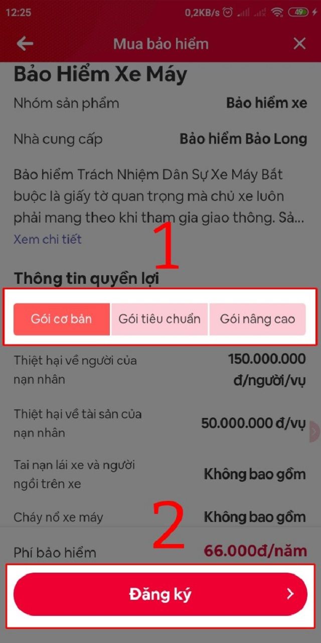 Bước 5 chọn gói bảo hiểm