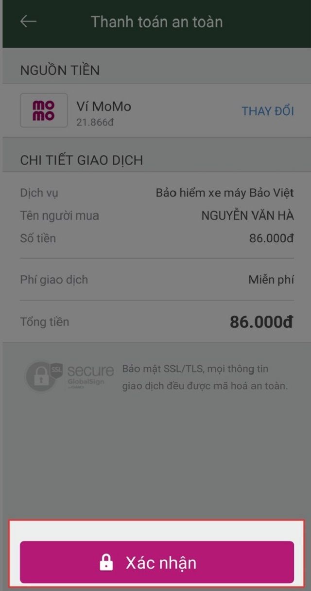 Thanh toán hóa đơn để kết thúc mua bảo hiểm xe máy